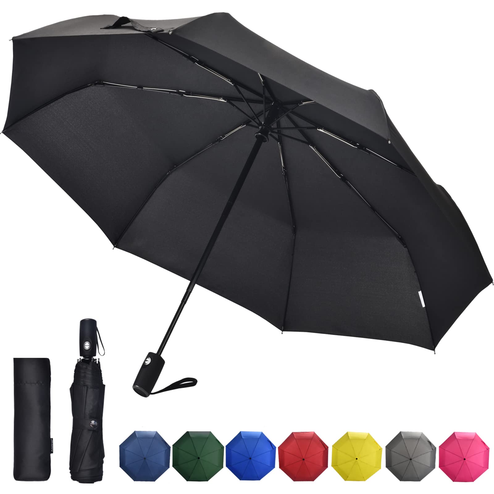 AnntrueTravel Umbrella Windproof, Auto Open Close Compact Umbrellas for Women and Men Teflon Coating with 10 Rib Construction, Zipper Pouch (Black)