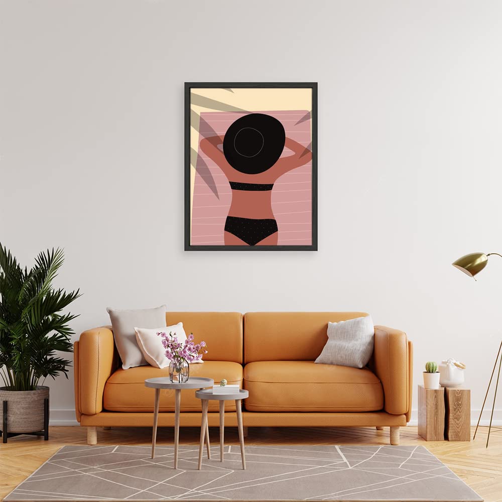 VERRE ART Black Floater Framed Canvas - Wall Decor for Living Room, Bedroom, Office, Hotels, Drawing Room (22in X 34in) - Young Girl Sunbathing At Home