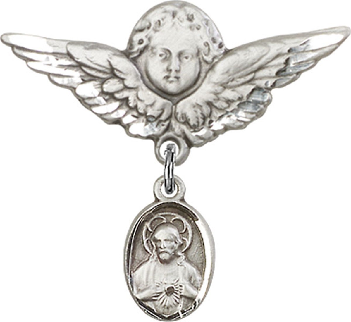 Sterling Silver Baby Badge Guardian Angel Pin with Charm, 1 1/4 Inch