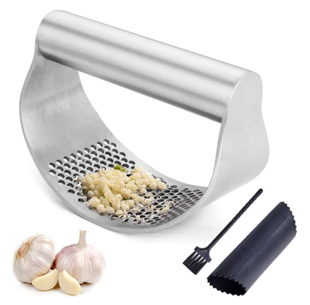 Garlic Press Garlic Crusher Food Grade Stainless Steel,Garlic Peeler Garlic Cleaner Brush Easy to Clean and Easy to Use