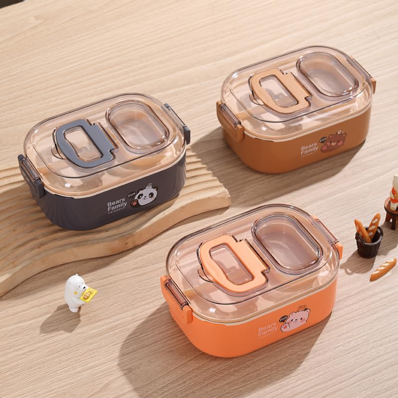 Twisoo Double Delight Bento Stainless Steel Lunch Box with Handle, Double Decker, BPA Free Food Storage Container, Leakproof, 3 Compartment with Soup Box and Spoon 700ml (Brown)