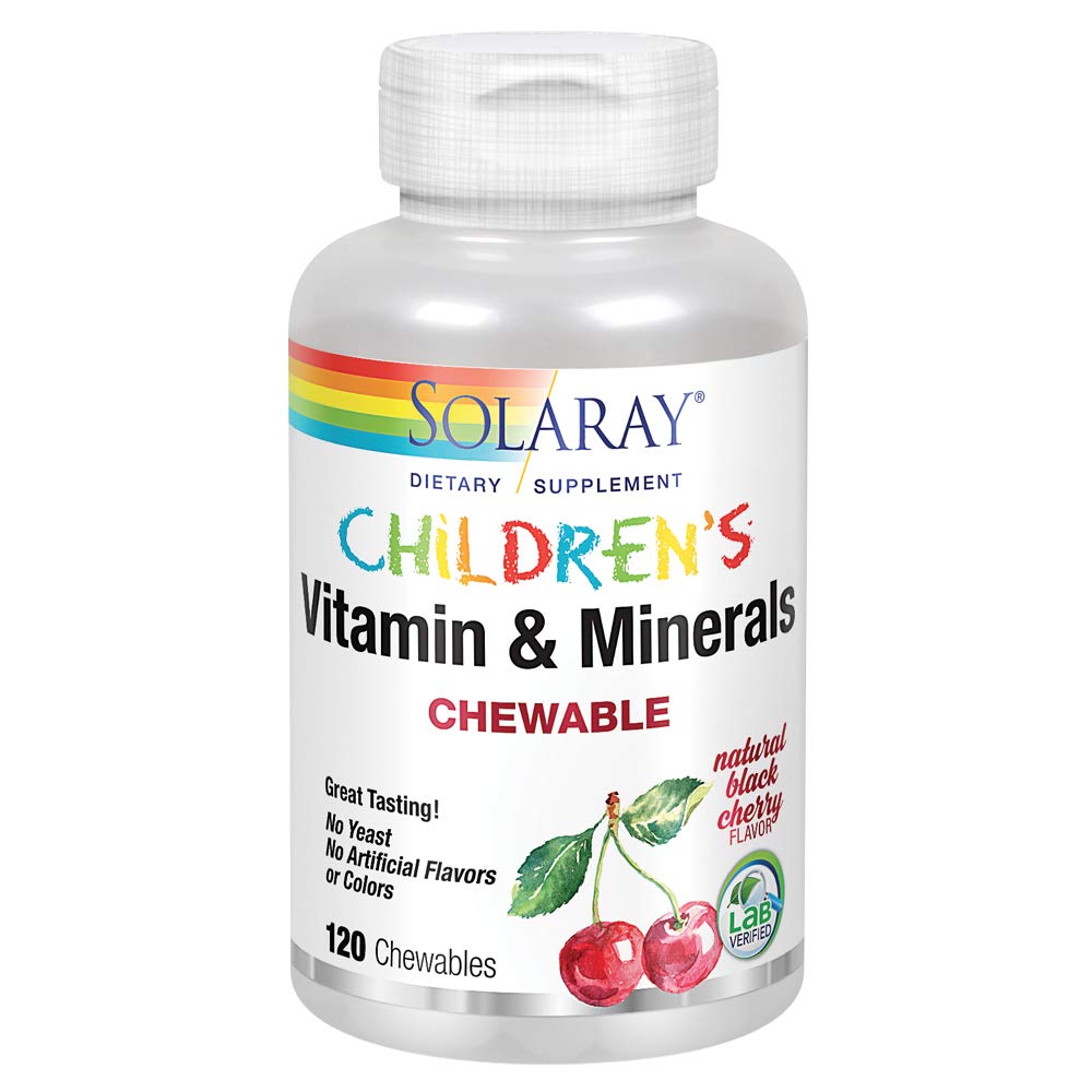 SOLARAY Childrens Vitamins & Minerals Complete Multivitamin for Kids Great Black Cherry Flavor (076280047974) (120 Chews, 60 Serv)