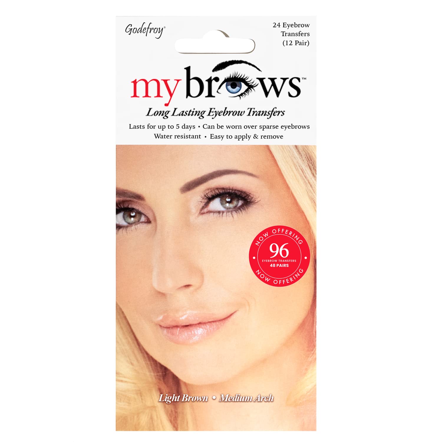 GodefroyMyBrows Long Lasting Eyebrow Transfers, Medium Arch, Light Brown, 48-Pairs of Brows (96 Individual transfers)