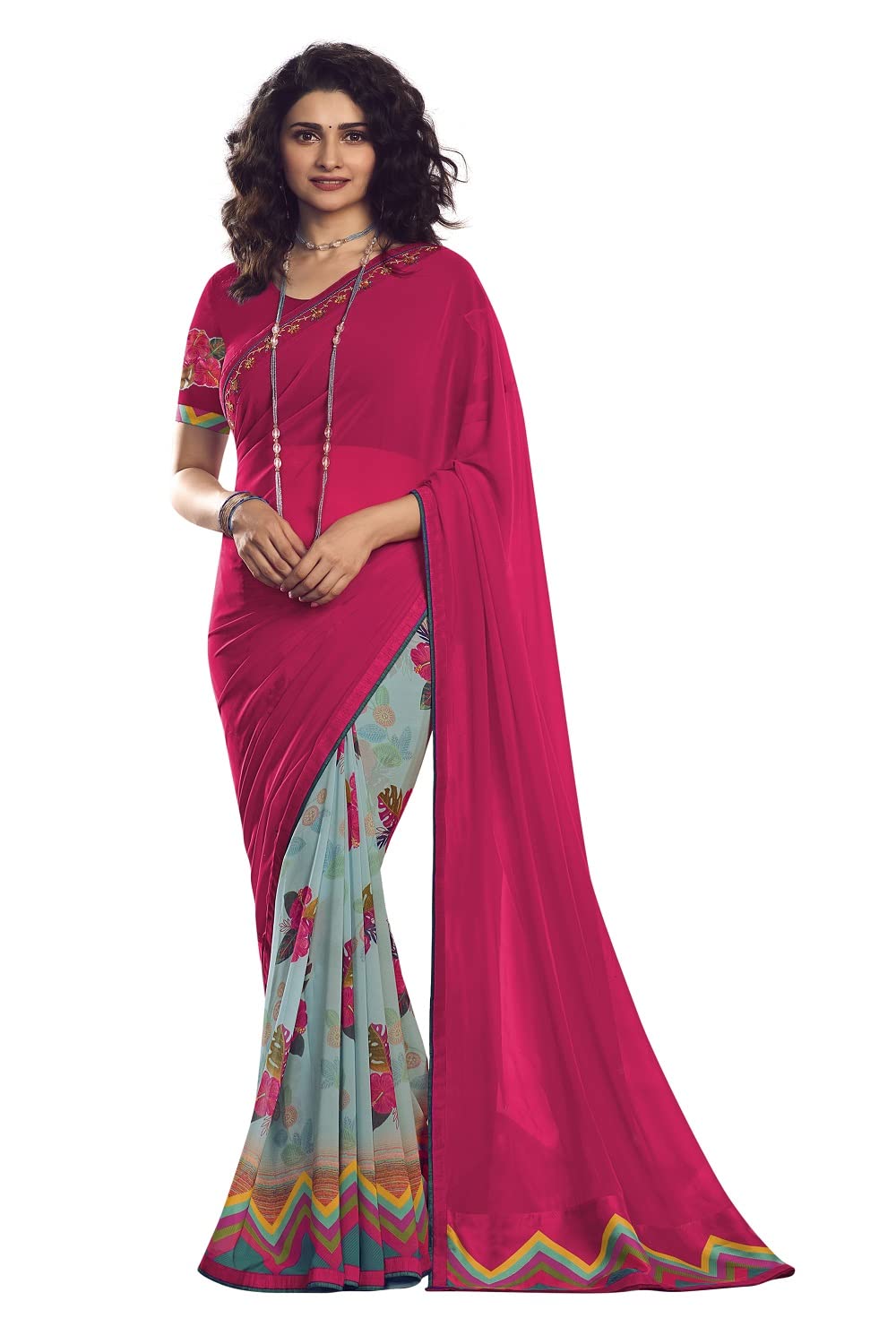 RAJESHWAR FASHION WITH RFWomen's Printed Pure Georgette Saree With Blouse Piece, Pink, One Size