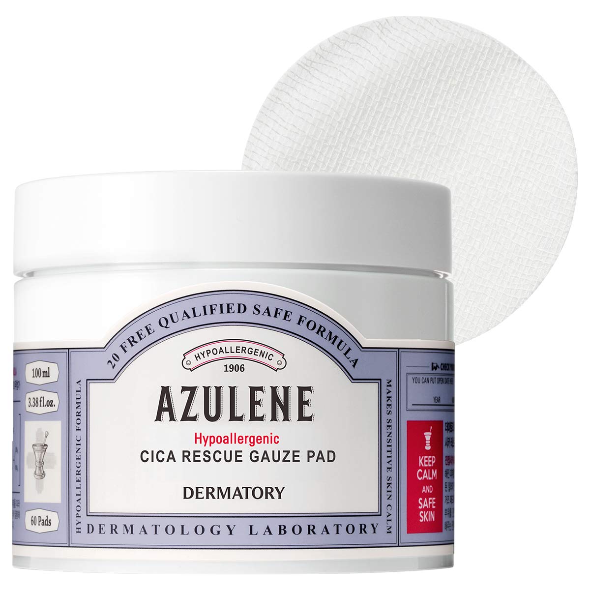 Dermatory Azulene Hypoallergenic Cica Rescue Gauze Pad for Irritated Skin | Moisturizing, Skin-Relief, Free of 98 Allergens, Fragrance Free, Hypoallergenic Tested, Dermatologist Tested (60 Pads)