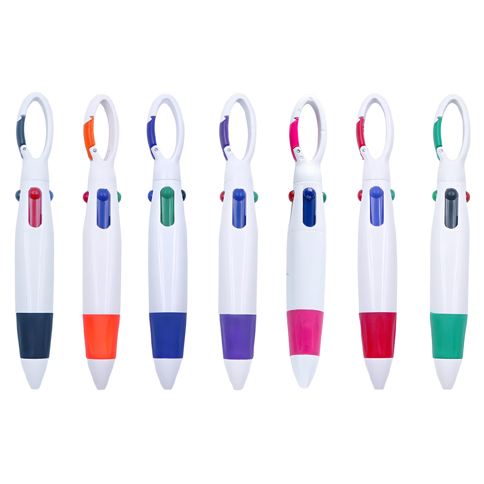 7-Pack Retractable Multicolor Pens with Carabiner Clip - Portable 4-in-1 Ballpoint Keychain with Carabiner - Ideal for Office School Students Adults Kids - Perfect Gifts & Favors