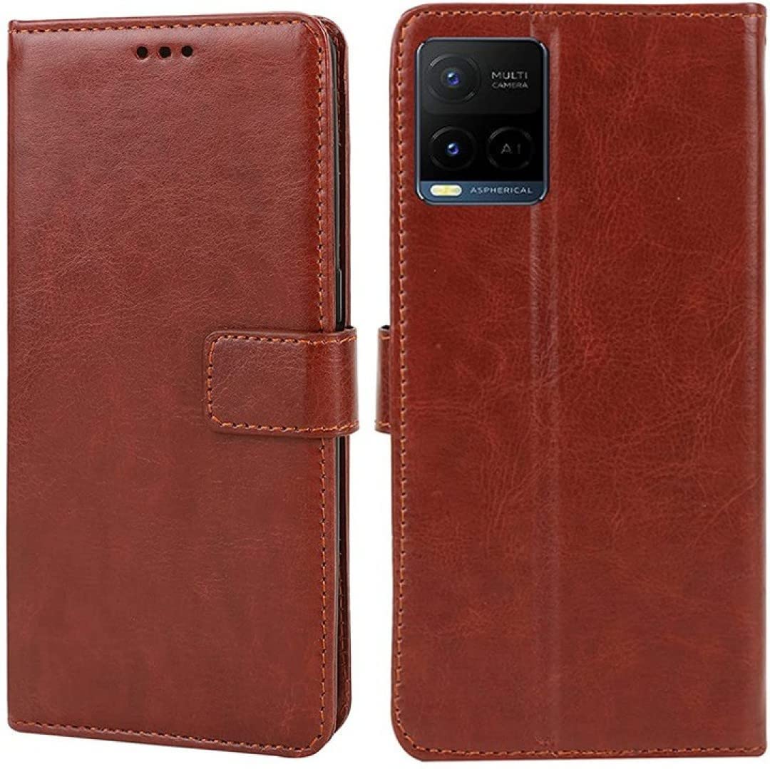 RIdhaniyaaVIVO Y21 FLIP Covers. RIdhaniyaa Shock Proof Flip Cover Back Case Cover for Vivo Y21 | Y21s | Y33s (Flexible | Leather Finish | Card Pockets Wallet & Stand). (Brown)