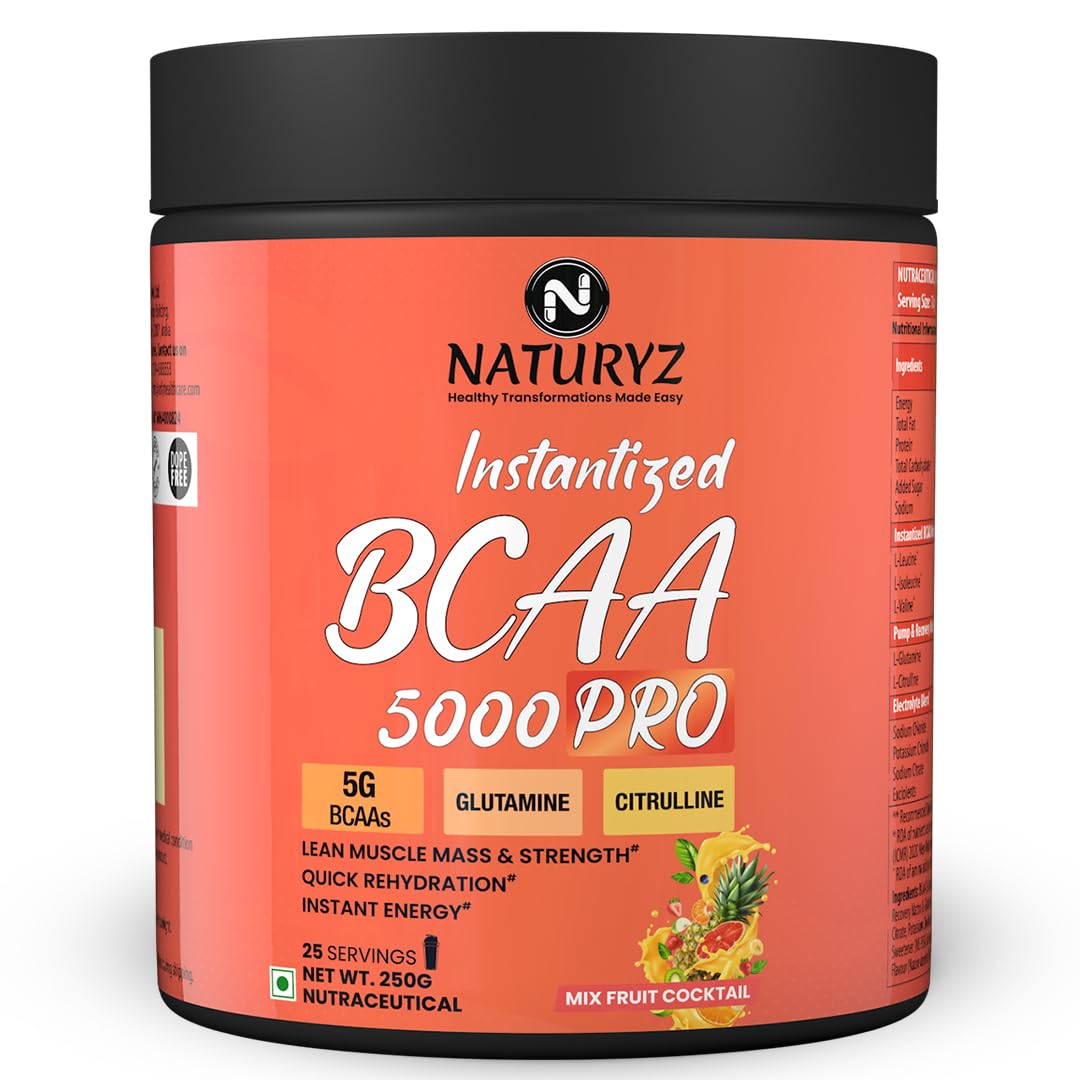 NATURYZ Instantized BCAA 5000 PRO With 5G BCAAs | Glutamine | Citrulline Which supports lean Muscle Mass, Muscle Strength, Quick ReHydration, Instant Energy - 250g(Mix Fruit Cocktail)