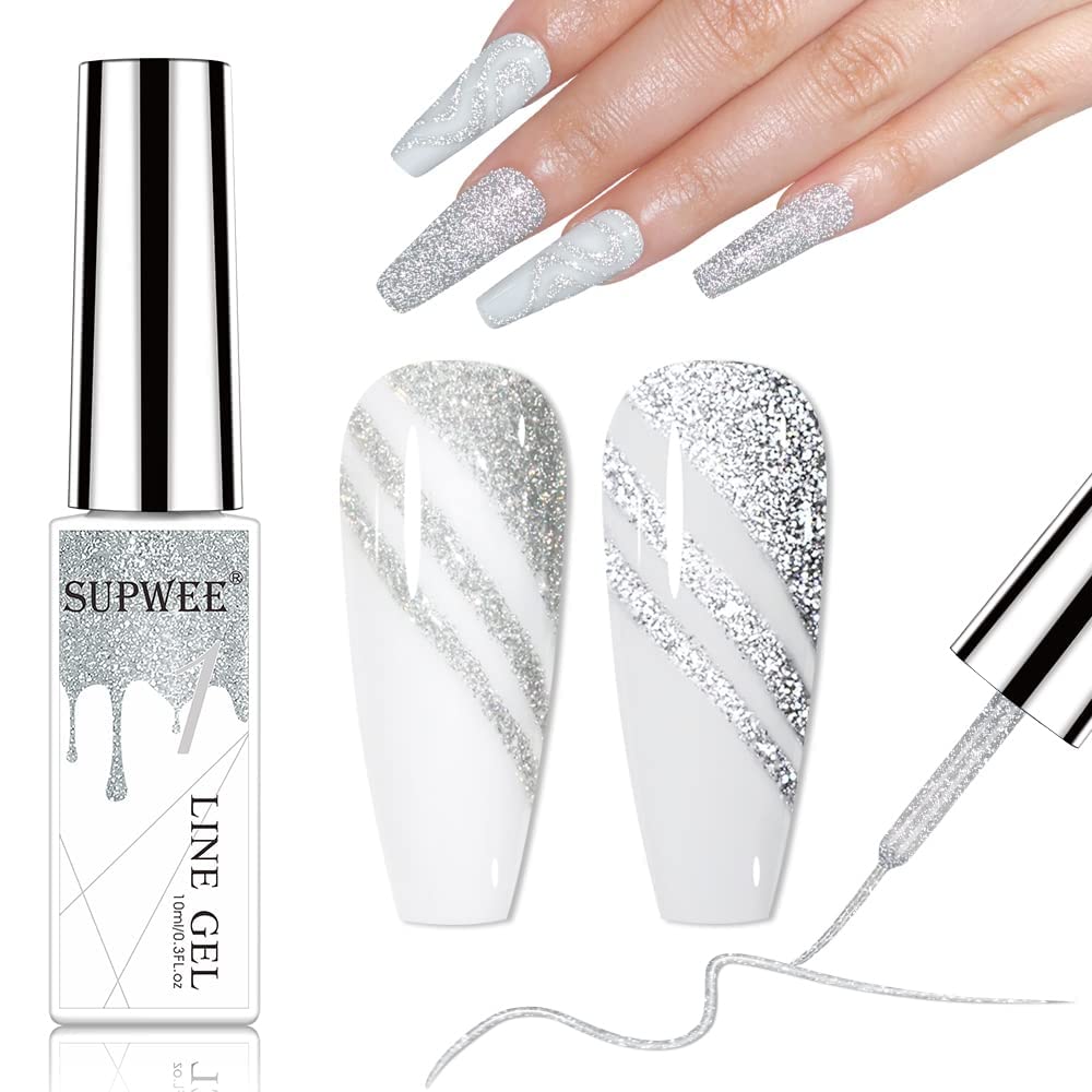 Supwee Silver Reflective Gel Polish Liner Gel, Glitter Gel Nail Art for Sparkle Shiny Drawing Gel Nail Painting for DIY At Home 10ml