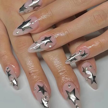 BABALALAlmond Press on Nails Medium Fake Nails Sliver Star Glue on Nails 24Pcs Stiletto Acrylic Nails Rhinestones False Nails with Design