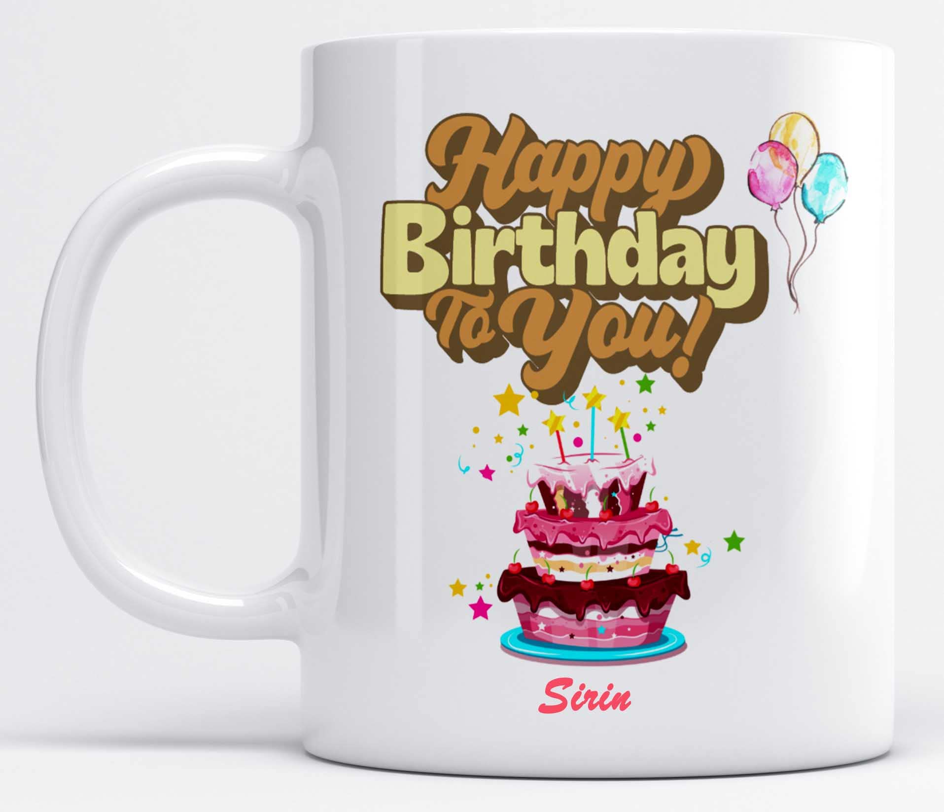 LOROFY Name Sirin Printed Happy Birthday and Cake Design White Ceramic Coffee Mug (350ML)