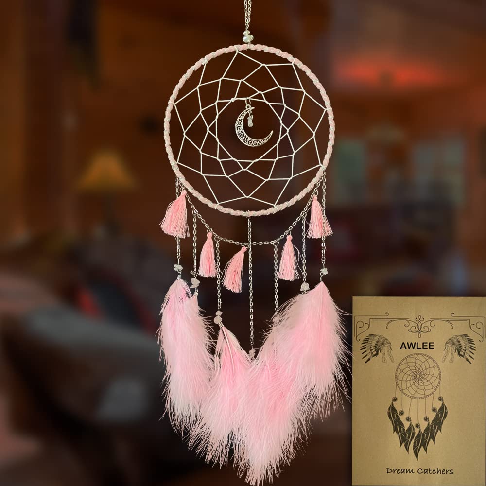 Dream Catcher Handmade Pink Feather Native American Circular Net for Boys Bedroom Wall Hanging Dream Catcher for Girls Kids Nursery Bedroom Decoration Blessing Gift (Pink)