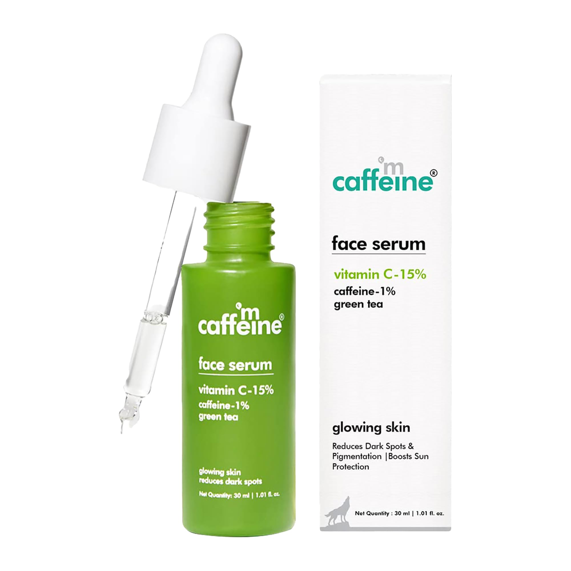 mCaffeineGreen Tea and 15 Percent Vitamin C Face Serum - Reduces Dark Spots, Hyperpigmentation, Sun Damage Protection, Revives Dull Skin - 30 ml