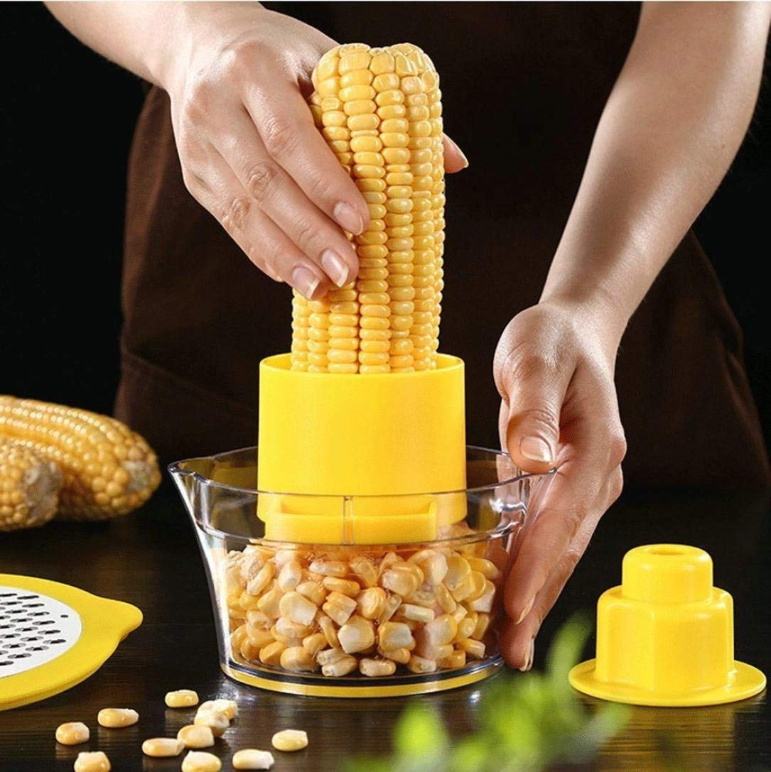 CyroxMulti Use Plastic 2 in 1 Corn Stripper Cob Remover | Deluxe Sweet Corn Cutter | Multi Blade Veg. Cutter Potato Slicer Ginger Sharpener - Yellow