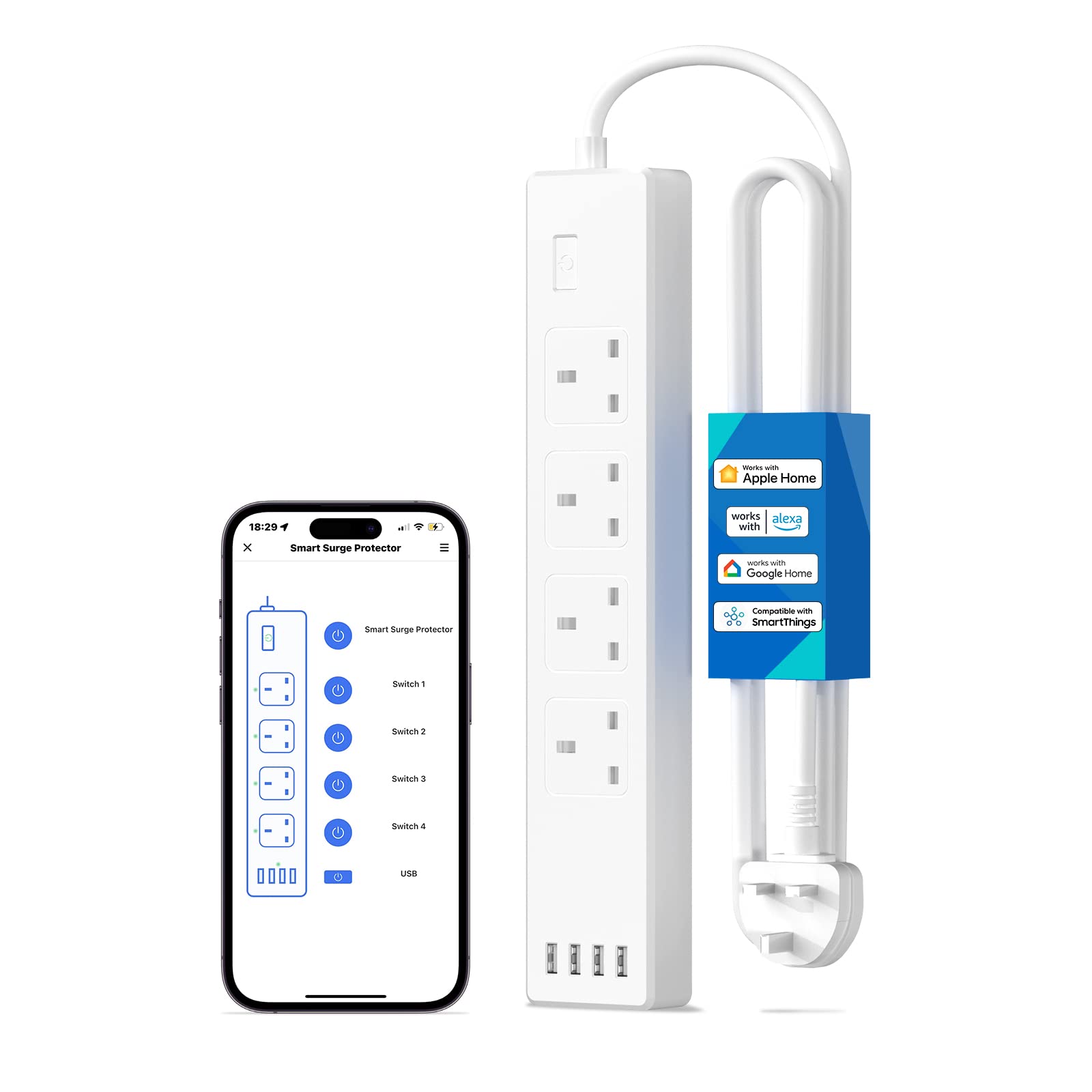 Meross Smart Power Strip, Smart Extension Lead with 20W USB Ports, Compatible with Apple HomeKit, Amazon Alexa, Google Home, and SmartThings, Timer, and Voice/Remote Control, 2.4GHz WiFi, 6ft Cord