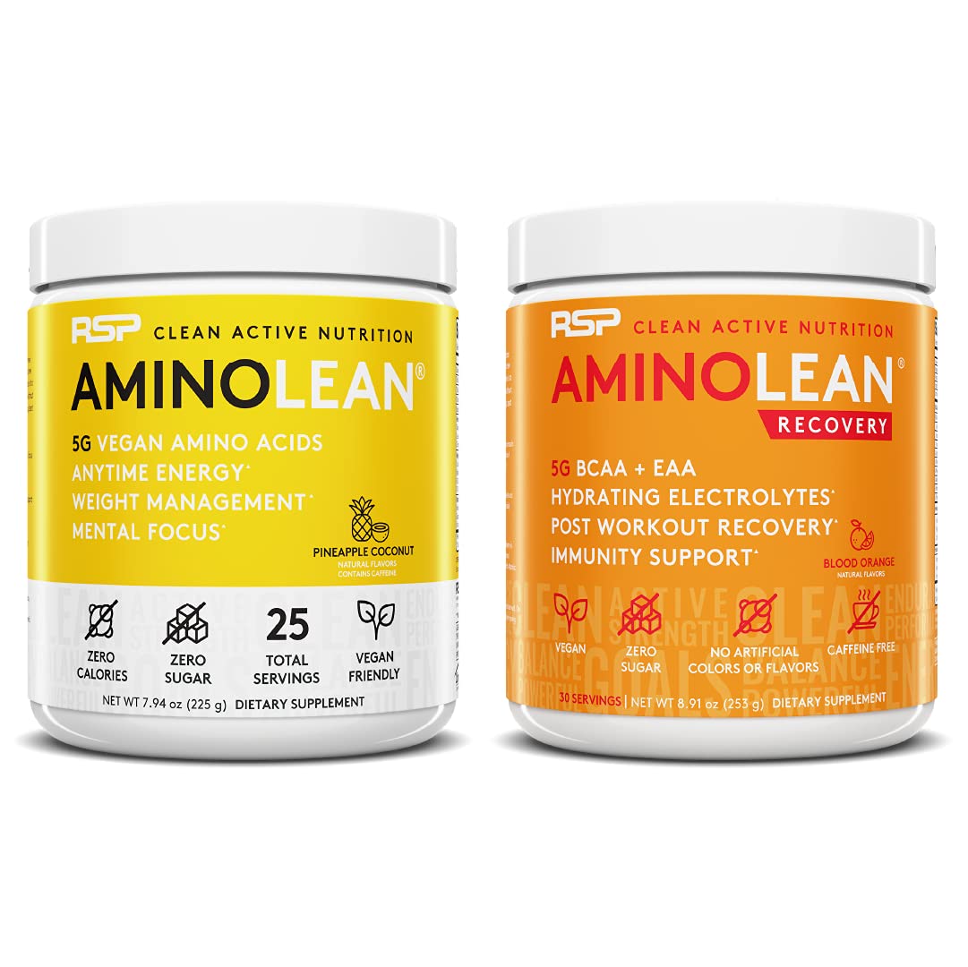 RSP NUTRITIONVegan AminoLean Pre Workout Energy (Pineapple Coconut 25 Servings) with AminoLean Recovery Post Workout Boost (Blood Orange 30 Servings)