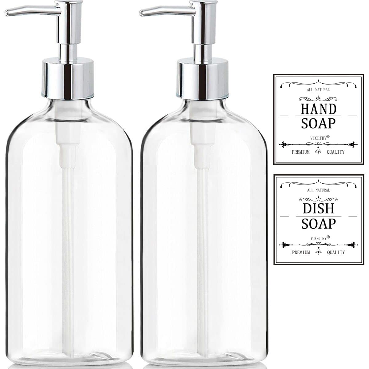 Clear Soap Dispenser with Rust Proof Pump, Waterproof Labels (2 Pack,16 Oz), Soap Dispenser Bathroom, Plastic Hand Soap Dispenser, Dish Soap Dispenser for Kitchen