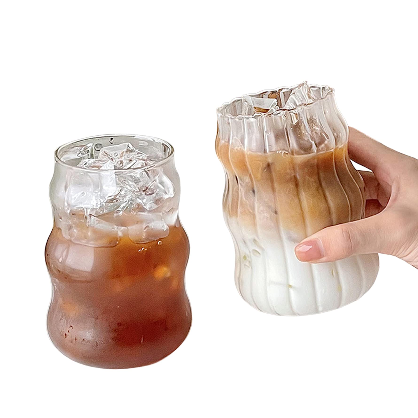 HemoreClear Glass Cups, 2pcs 530ml Ripple Glass Coffee Cups, Drinking Glasses, Cocktail Whiskey Cup for Juice Water