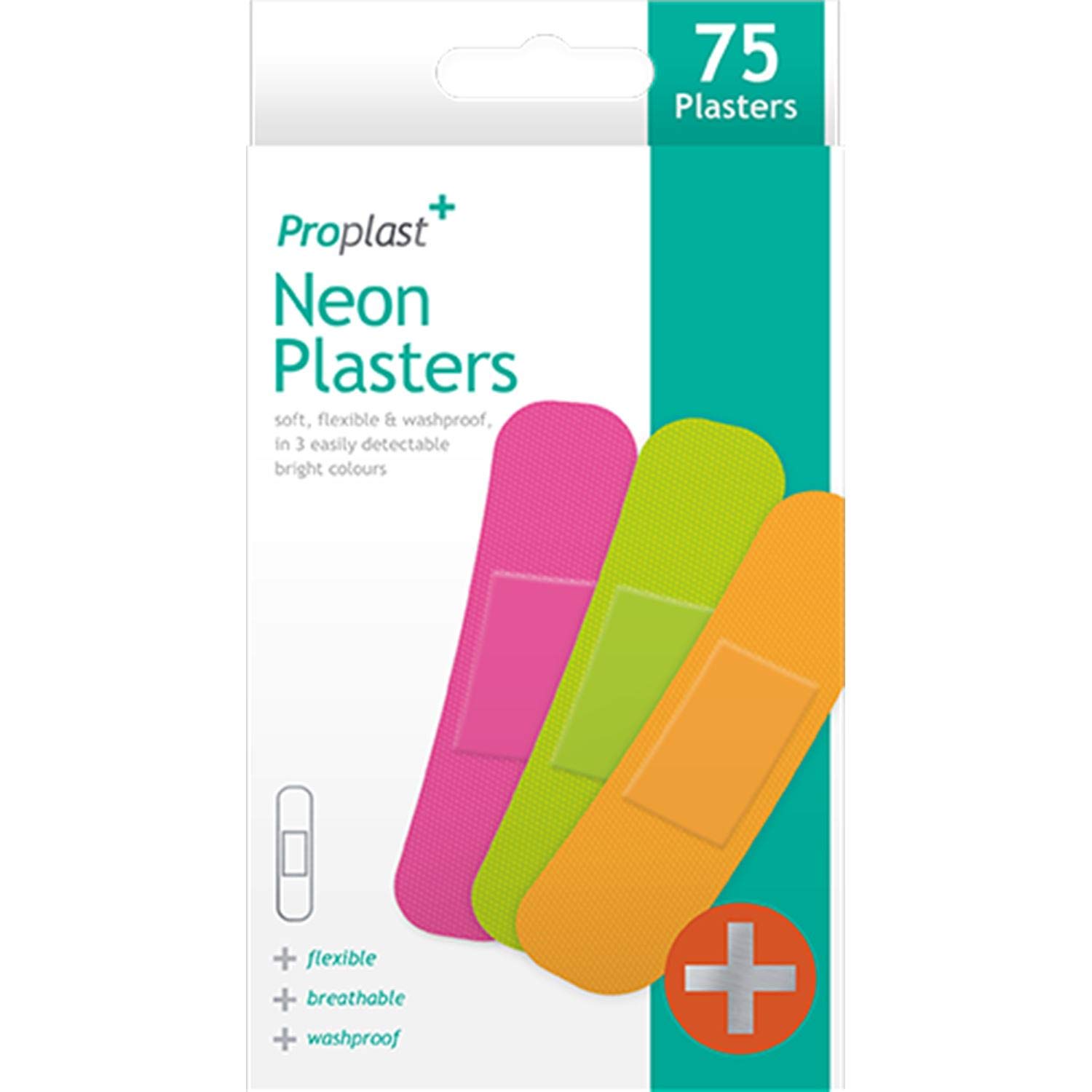 PROPLAST Neon Waterproof Plasters - Fun Plasters for Kids - Brightly Coloured and Easily Detectable Assorted Plasters,75 Plasters (Pack of 1)