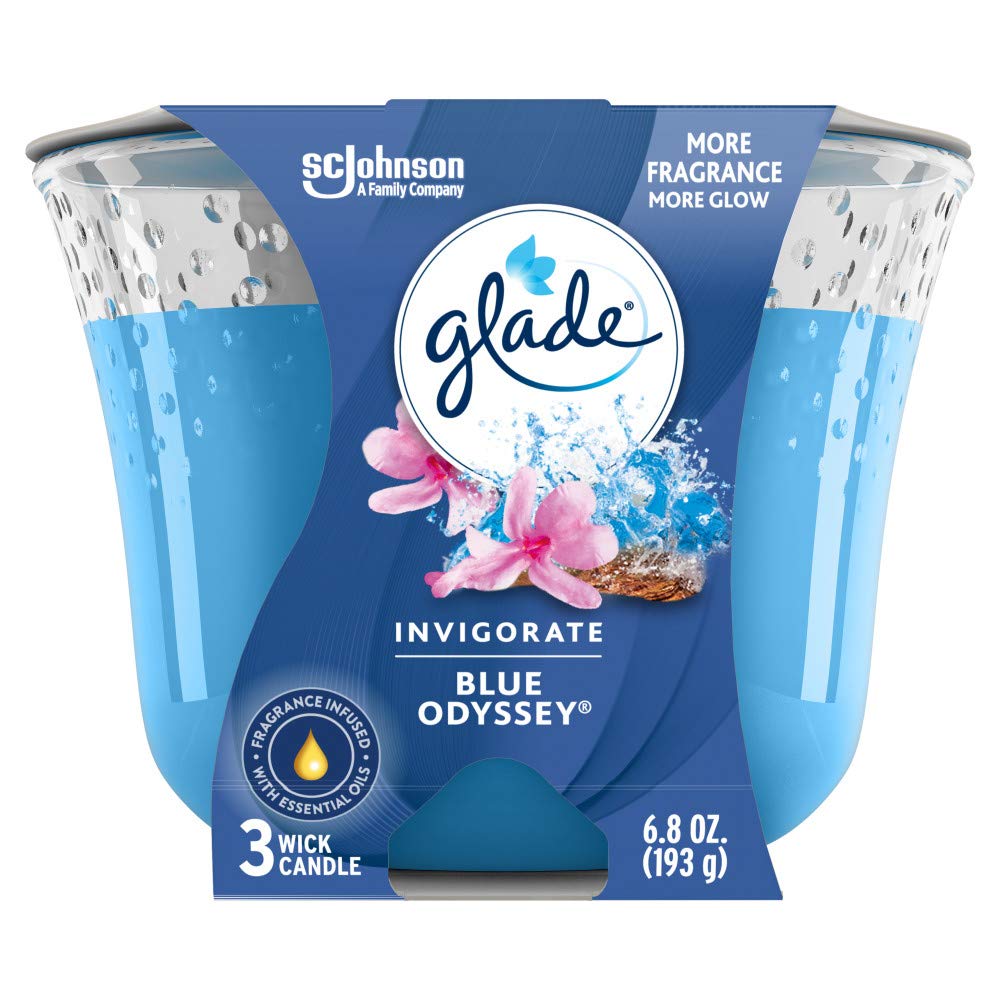 Glade Candle Blue Odyssey, Fragrance Candle Infused with Essential Oils, Air Freshener Candle, 3-Wick Candle, 6.8 Oz