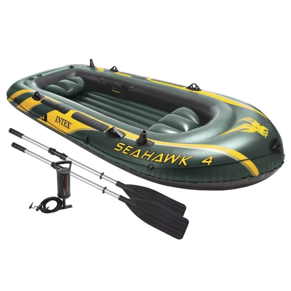 INTEX Seahawk Inflatable Boat Series: Includes Deluxe Boat Oars and High-Output Pump – SuperStrong PVC – Fishing Rod Holders – Welded Oar Locks – Heavy Duty Grab Handle