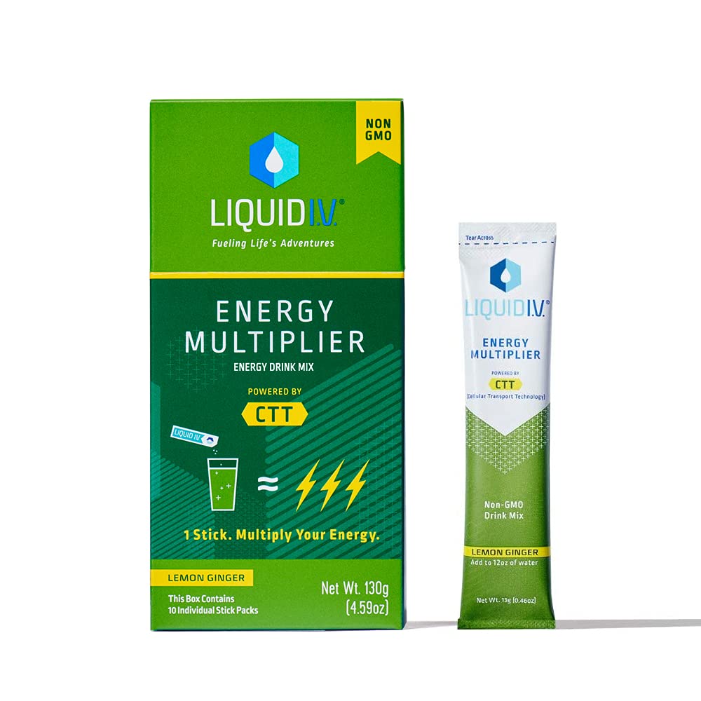 Liquid I.V. Energy Multiplier | Energy Powder Drink Sticks | Matcha and Green Energy Blend Drink Mix | Natural Caffeine | Easy Open Single-Serving Stick | Non-GMO | Lemon Ginger