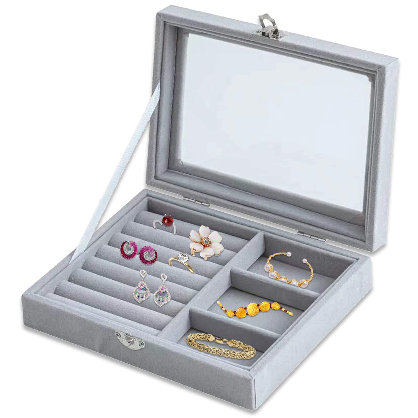 YWKJDDMYWKJDDM Jewelry Storage Case, Velvet Display Case Box Earring Storage Case with Clear Glass Lid for Ring Earring Necklace Bracelets Display Box