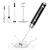 Maestri House Rechargeable Milk Frother with 3 Heads, Handheld Electric Foam Maker Waterproof Detachable Stainless Steel Whisk Drink Mixer Foamer with Stand for Lattes, Cappuccino, Egg (Black)