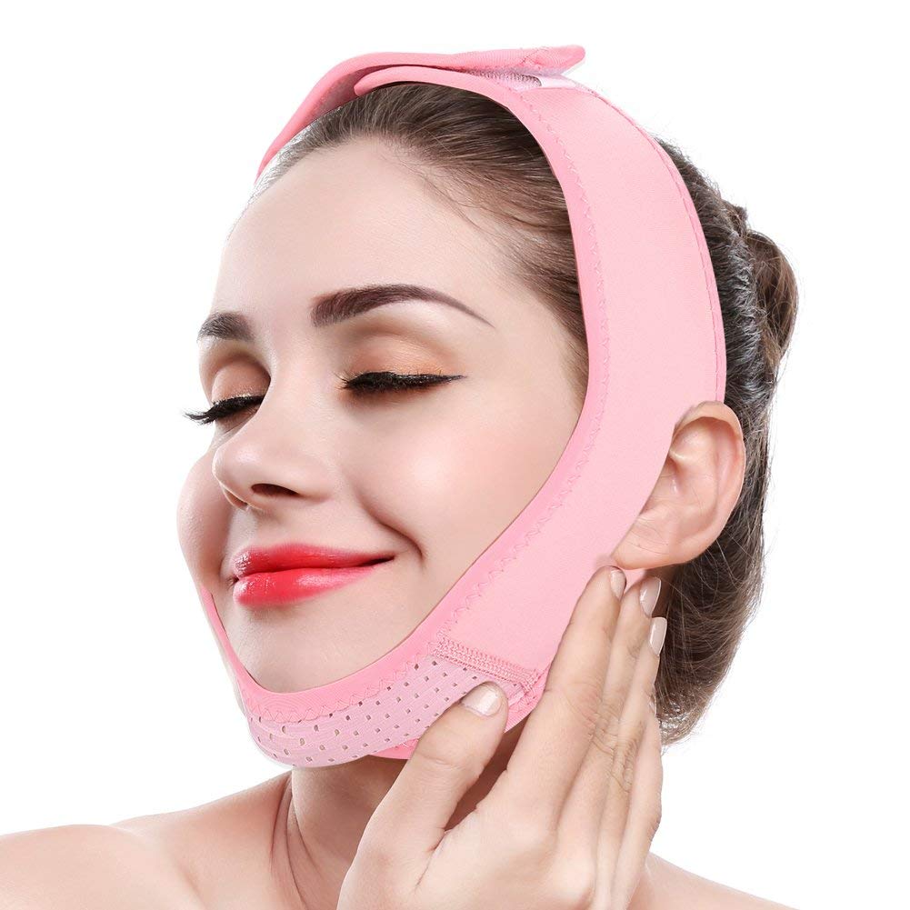 Cochanvie Slimming Belt with Facelift, V Line Neck Compression Mask Double Chin Belt Belts for Weight Loss Skin Care Chin Lifting Firming Envelope (Pink)