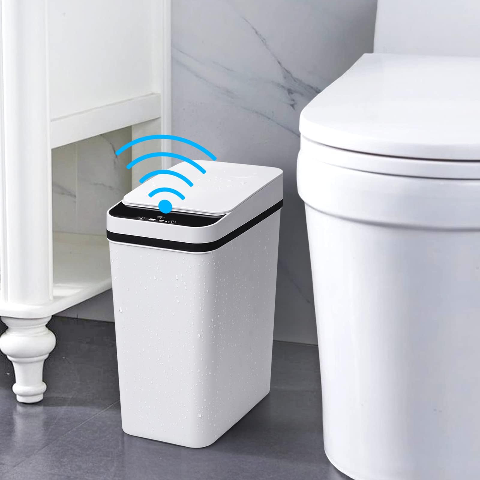 Automatic Trash Can 2.5 Gallon Bathroom Touchless Motion Sensor Small Garbage Can with Lid Smart Electric Plastic Narrow Garbage Bin for Living Room Bedroom Office Kitchen (White, 2.5 Gallon)