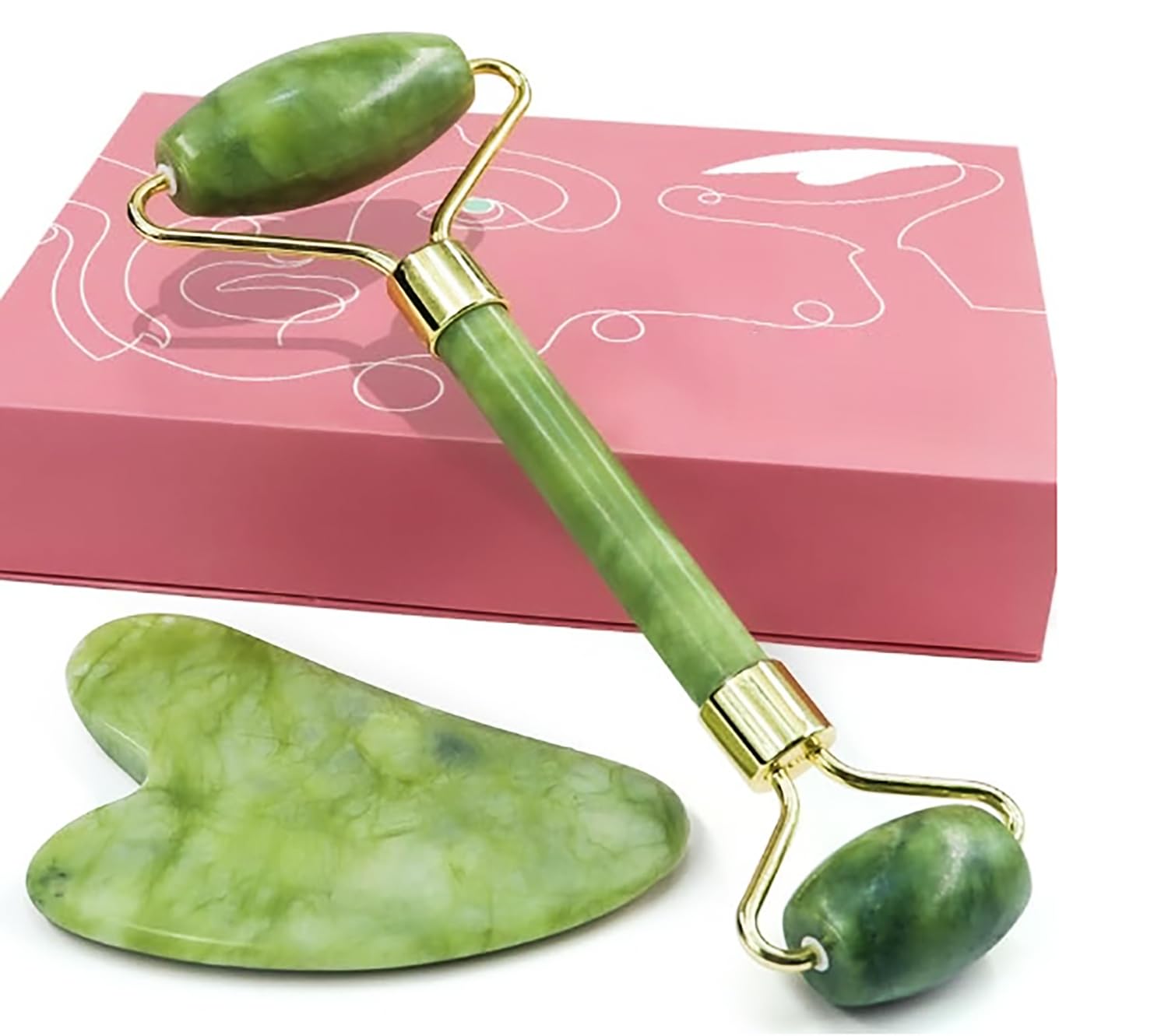 MARK STOREJade Roller & Gua Sha Beauty Set, 100% Original Natural Jade for Skin Care Routine, reduce wrinkles aging and eyes Puffiness, Green & Pink colors