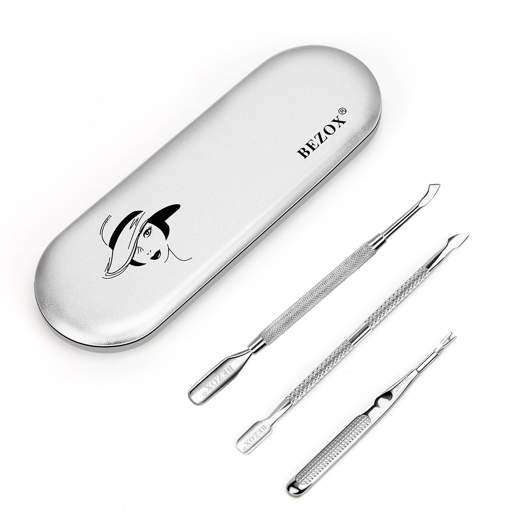 BEZOX Cuticle Pusher Uv Gel Polish Soak Off Remover Tool and Nail Art cleaner Trimmer & Callus Removal Fork - Stainless Steel Manicure Set Pack of 3