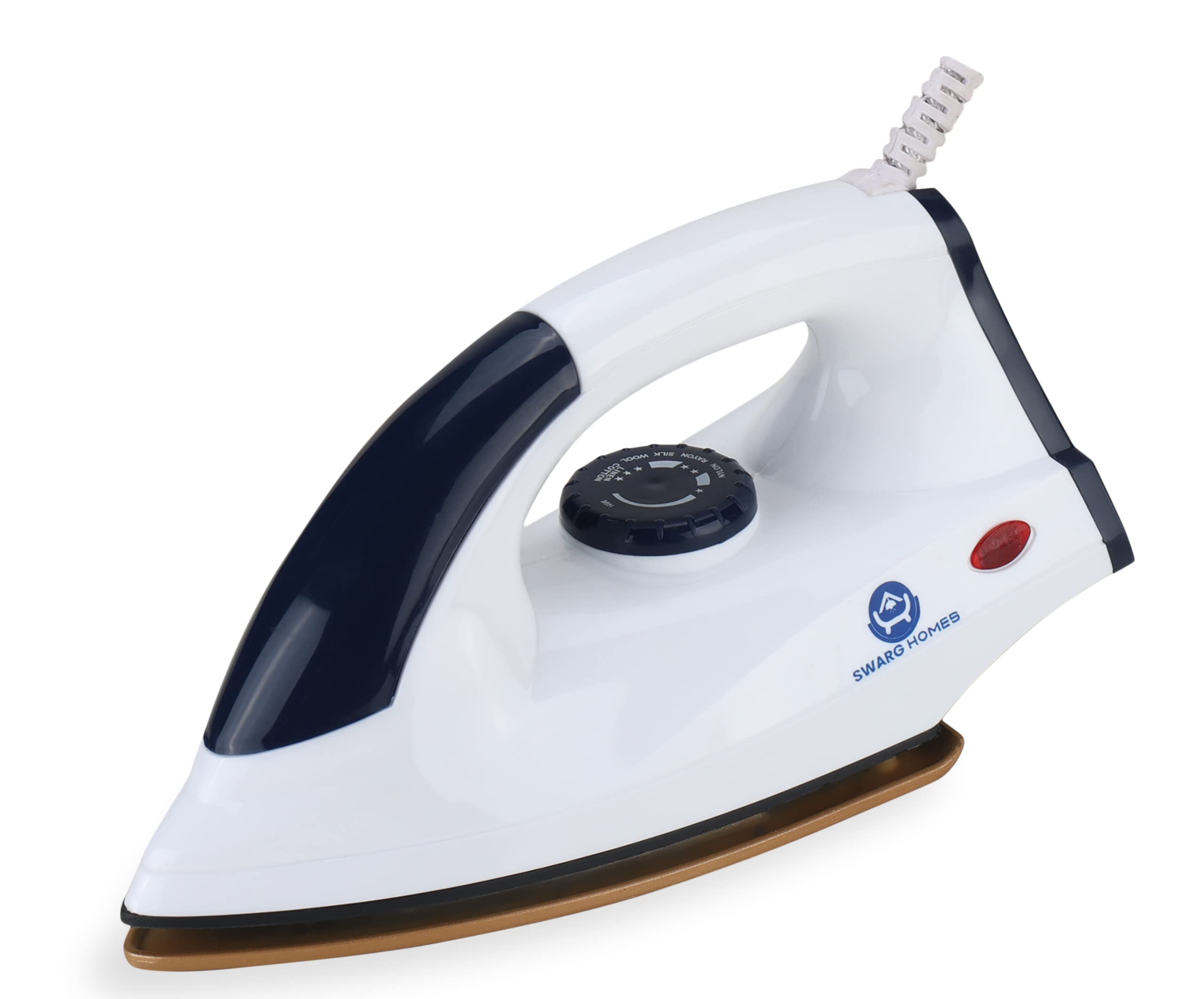 Swarg Homes Max (1000 Watts) Dry Iron Press for Clothes | Advance Golden Plate | Easy Grip Temperature Knob | Anti - bacterial Coating Technology Electric Iron Box (White/Blue)