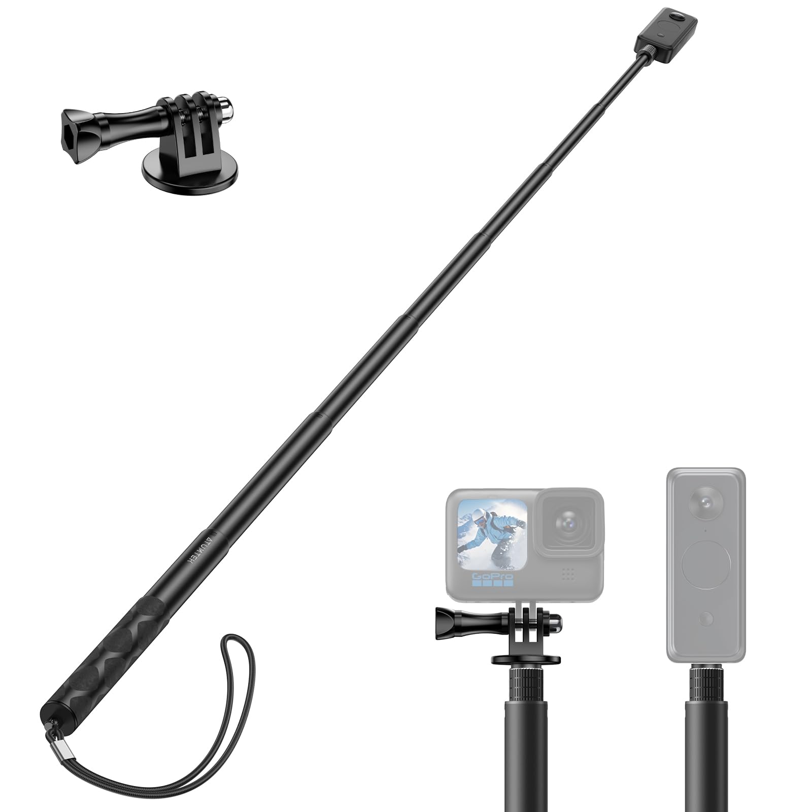 ATUMTEK150cm Invisible Selfie Stick, 1/4" Extendable Monopod Pole, Solid and Compact Design for Insta360, for GoPro, DJI, Action Cameras (Buckle Mount for GoPro & DJI and Wrist Strap Included)