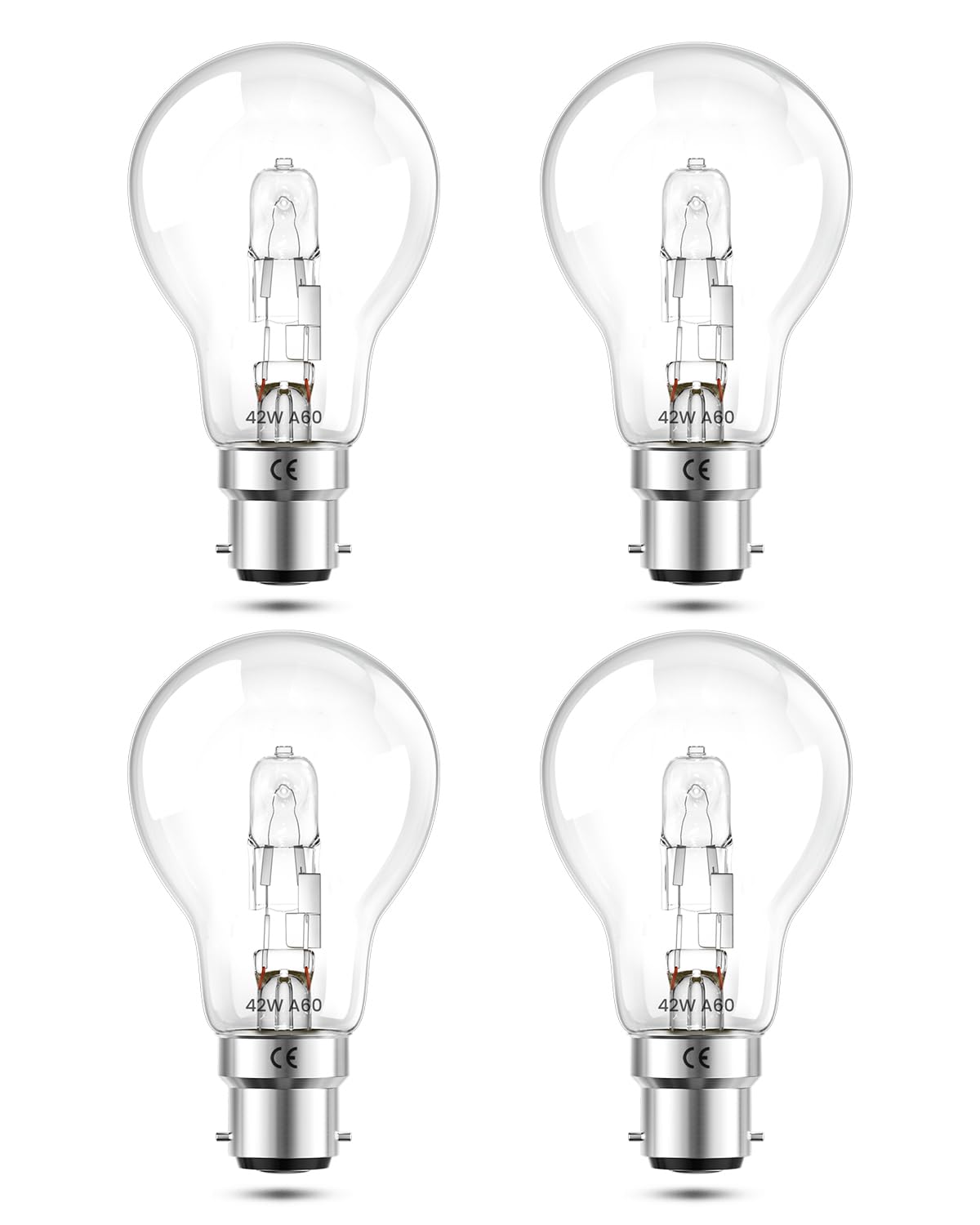 DoRight 4X Halogen Bulbs B22 Bayonet Cap Vintage Glass Light Bulb 42W Dimmable Warm White 2700K A60 Globe Shape Lamp Edison Screw Bulb Transparent Cover Shell for Chandelier, Equivalent to 5W LED Bulb