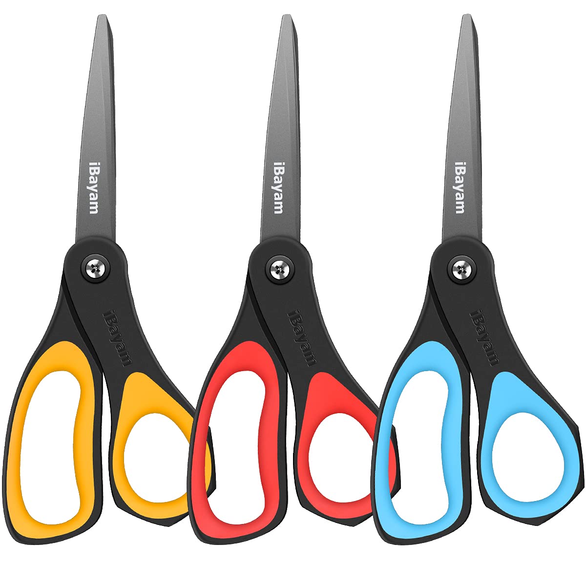 iBayamScissors, 3 Pack 8" All Purpose Nonstick Scissors, 2.5MM Thickness Titanium Blades with Comfort Grip, Heavy Duty Scissors for Office School Home Classroom General Use Art and Craft DIY Supplies