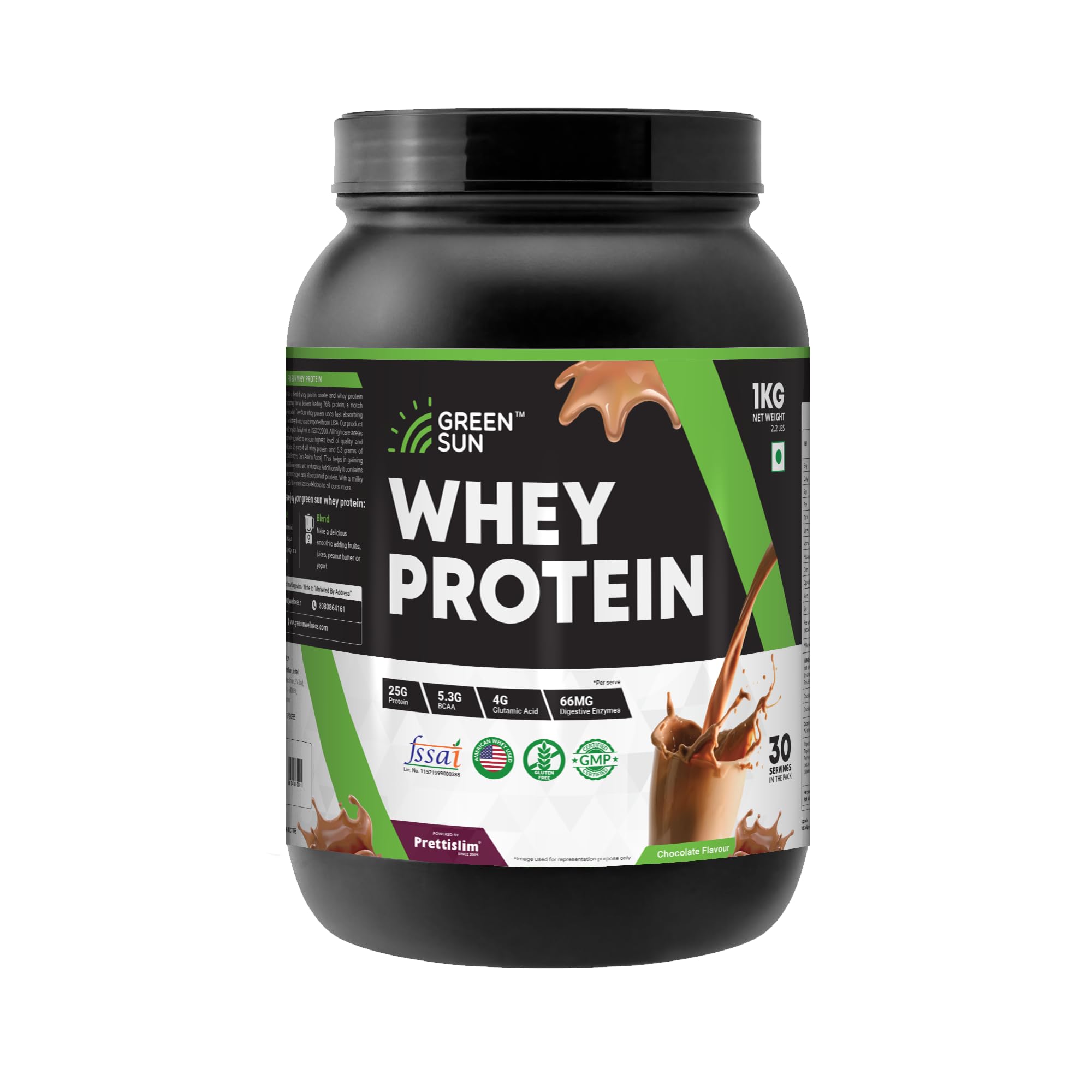 Green Sun 100% Whey Protein Powder 1Kg (Chocolate Flavor) | Imported Whey | Gold Standard | Added Digestive Enzymes | Enriched with BCAA | Healthy | Diet Friendly | Pack of 1 Without Shaker