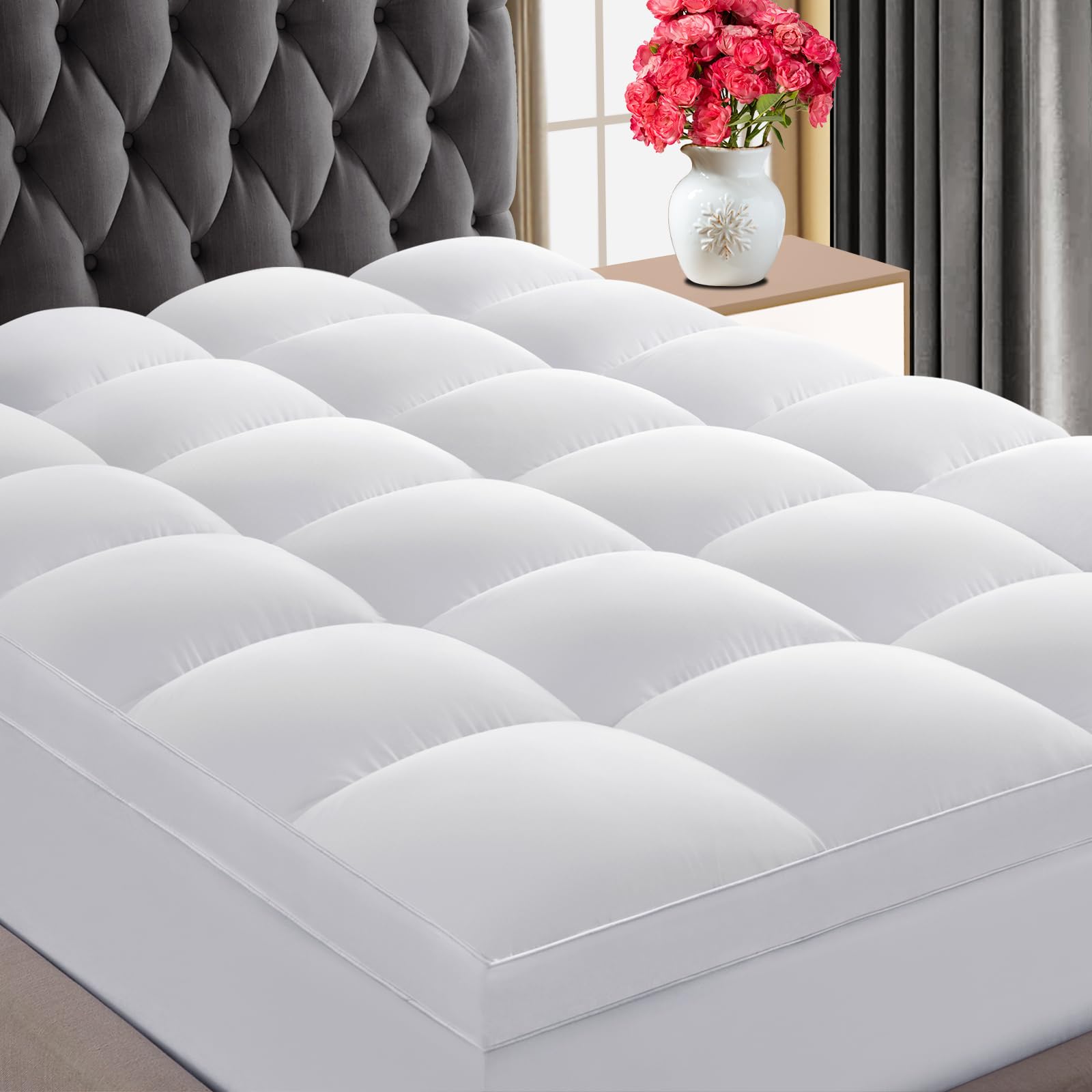 CHOKITLuxury Soft 5D Spiral Fiber Queen Mattress Topper, Extra Thick Mattress Pad Cover for Back Pain Relief, Cooling Breathable Pillow Top Protector with 8-21" Deep Pocket, All Season Bedding