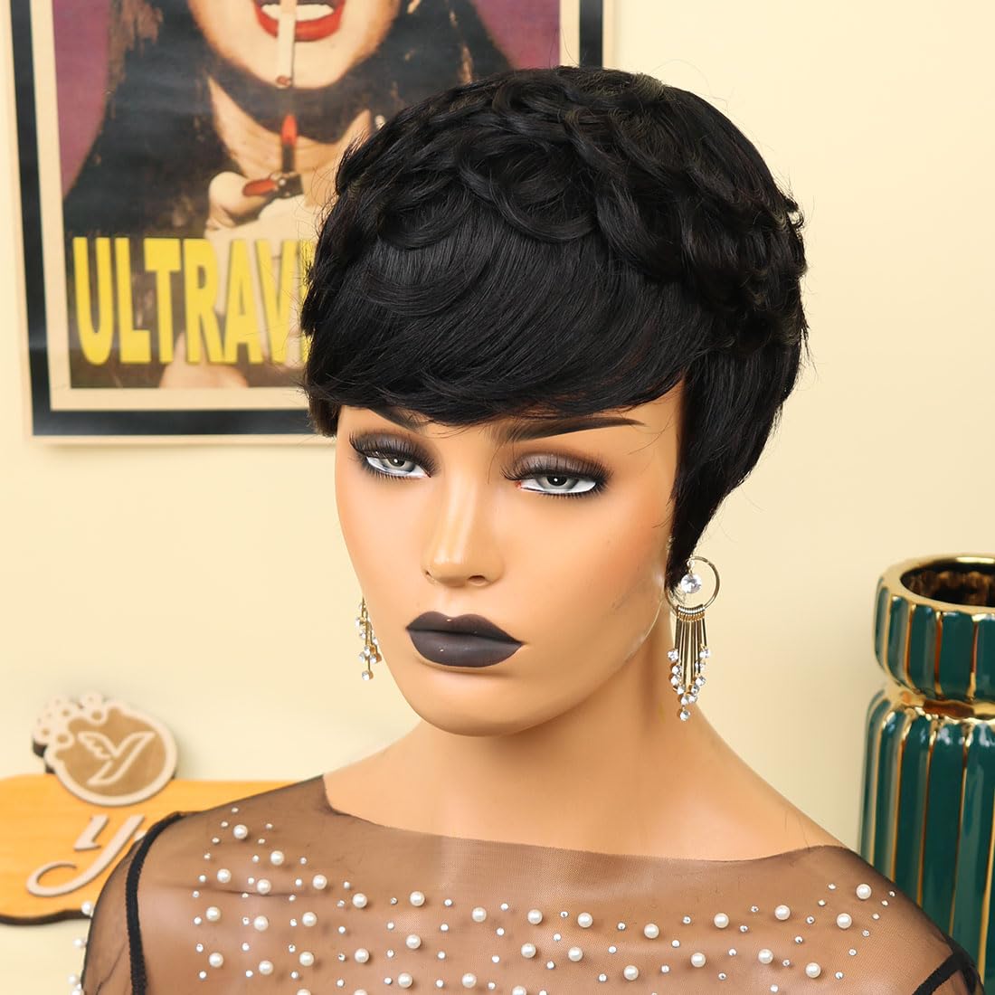 Short Human Hair Wig for Black Women Pixie Curly Wig Human Hair Short Bob Wig Full Machine Made Glueless Wigs Pixie Human Hair Wig With Bangs For Daily Use 1B