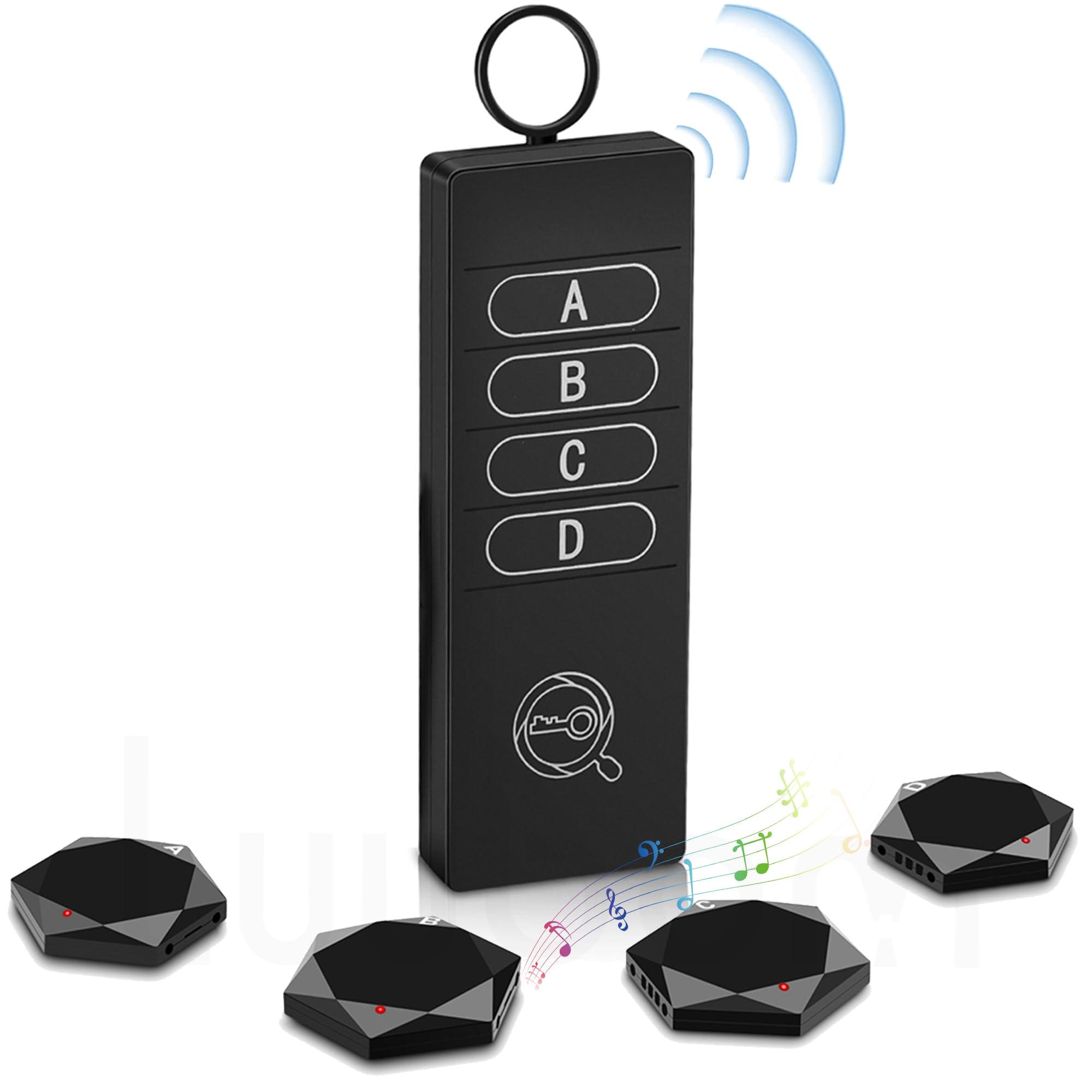 Remote Finder 80DB+, Luubom Tracking Devices, Item Locator Tags with 164ft, Wireless Locator for Finding Wallet Phone Glasses Key, 1 RF Transmitter & 4 Receivers