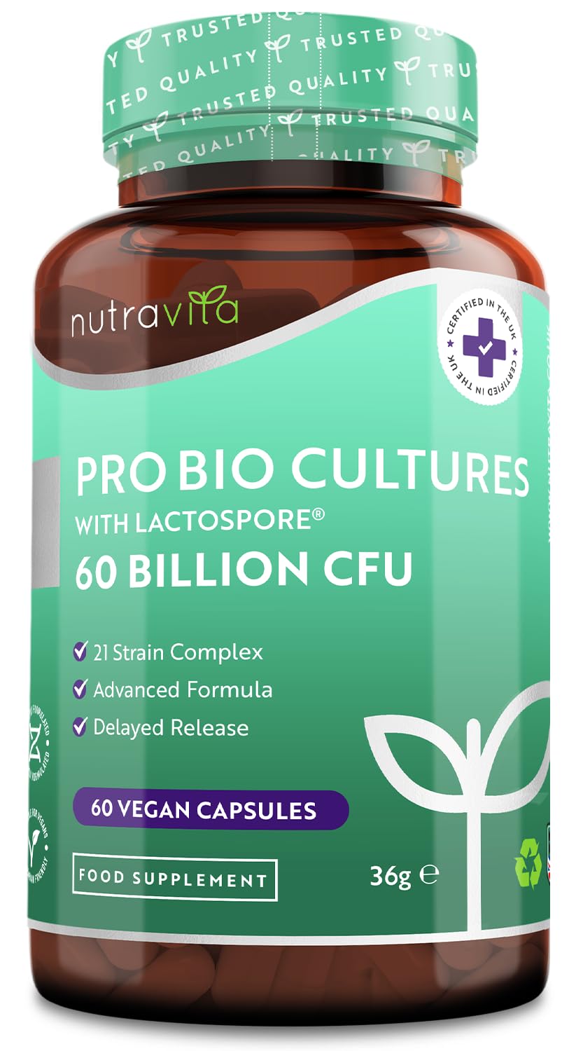 60 Billion CFU Probiotic Cultures - Scientifically Backed Lactospore® for Good Gut Flora - Enteric Coating to Ensure Probiotics are Delivered Directly to The Gut - Made in The UK