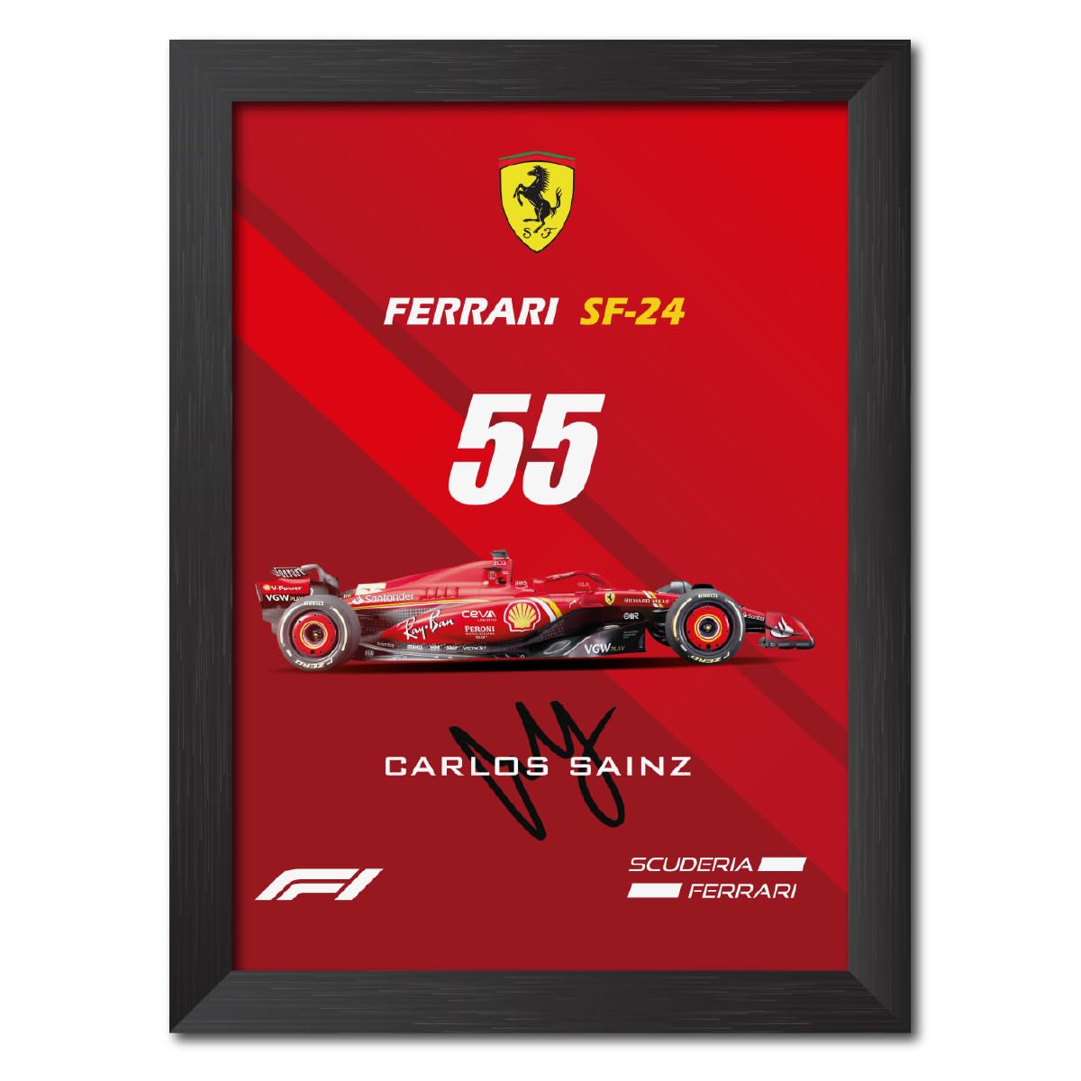 TenorArts Carlos Sainz Poster Ferrari SF 24 F1 Racing Car 2024 edition Formula One Photo Framed Painting With Black Wooden Texture (12inches x 9inches)