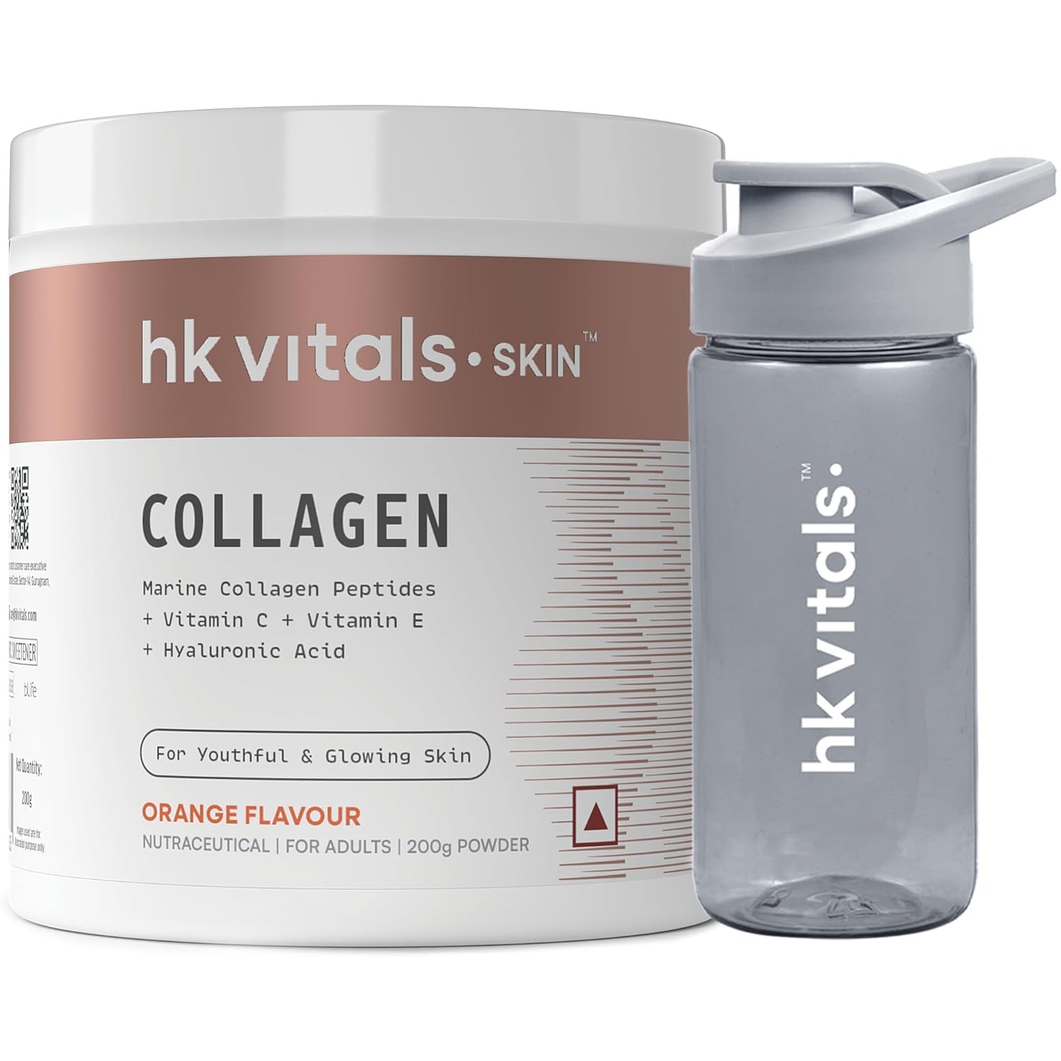 Heal;thKart hk Vitals Marine Collagen Supplement (Orange, 200g) & Sipper Bottle (Grey, 300ml) Combo Pack | with Vitamin C & E | for Healthy Skin, Hair & Nails