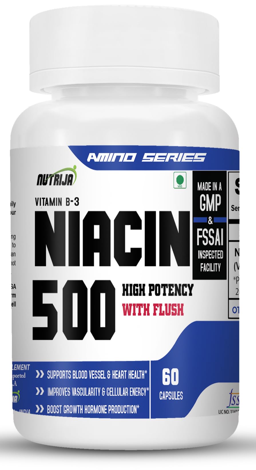 NutriJa Niacin 500 / Vitamin B-3 | for Vascularity & Increase Cellular Energy- 60 Capsules