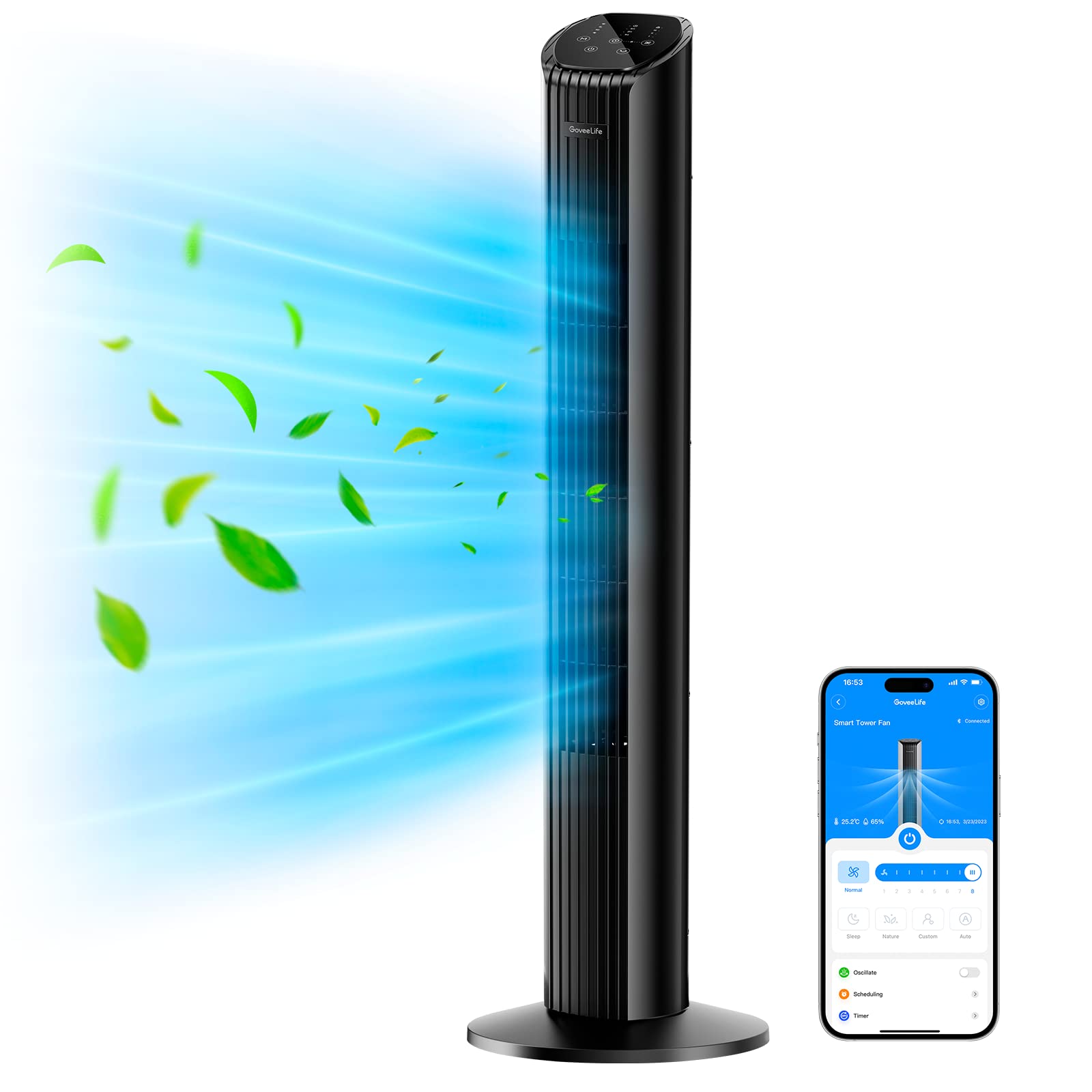 GoveeLife 36'' Smart Tower Fan for Bedroom, Oscillating Fan with Temperature Auto-Reflect, Room Fan with 8 Speeds, 4 Modes, 24H Timer with APP, Works with Alexa, Floor Fan for Home Office