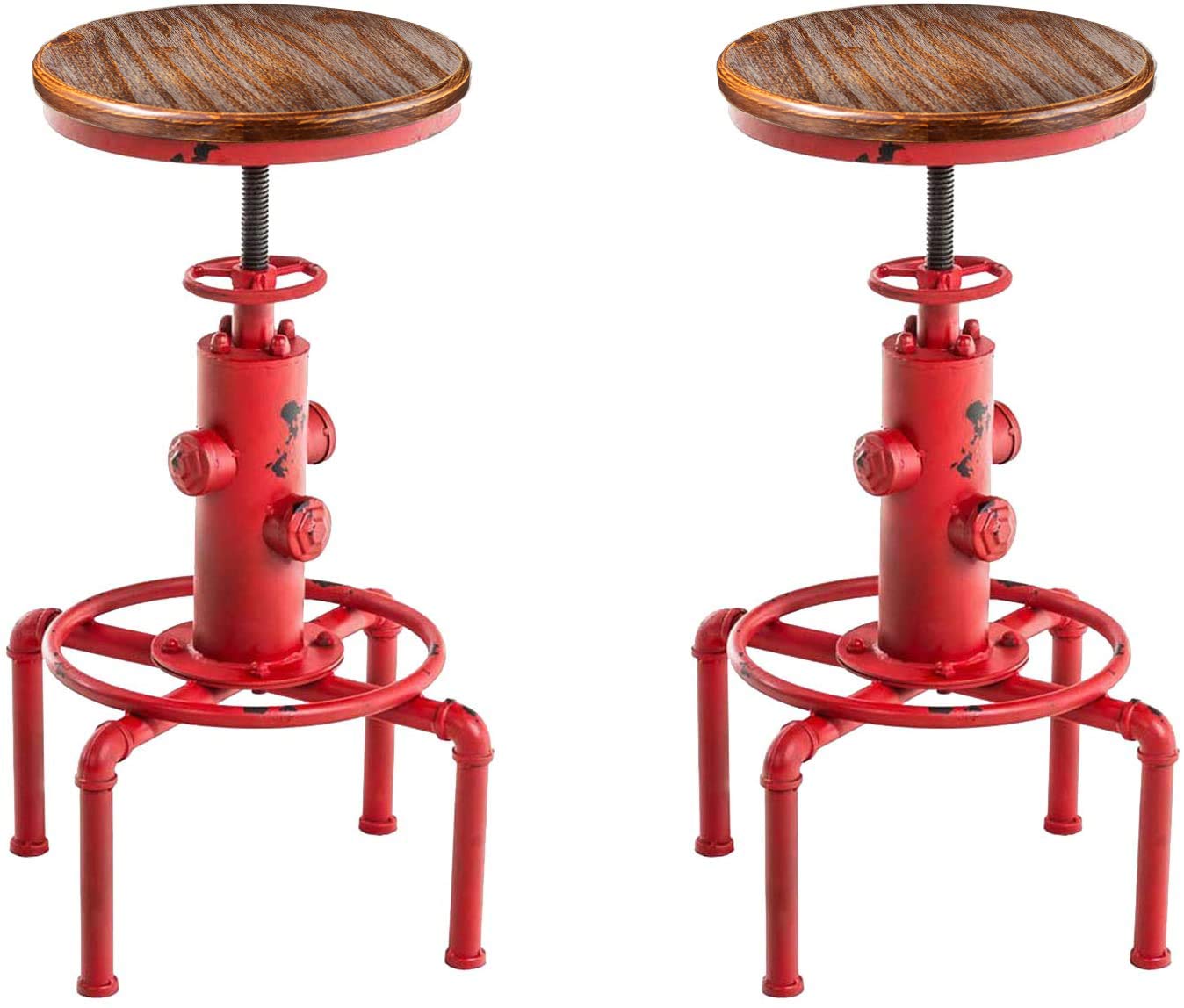 Topower American Antique Vintage Industrial Barstool Solid Wood Water Pipe Fire Hydrant Design Cafe Coffee Industrial Bar Stool Set of 2 (Antique Red, 2)