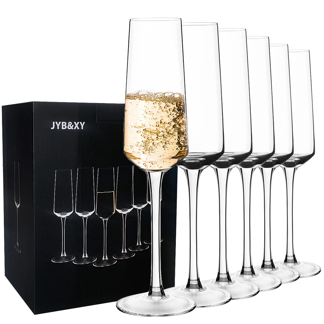 Hand Blown Crystal Champagne Flutes Champagne Glasses Set of 6 Elegant Flutes 100％Lead Free Quality Sparkling Wine Stemware Set Dishwasher Safe Gift for Wedding, Anniversary, Christmas - 8oz Clear…