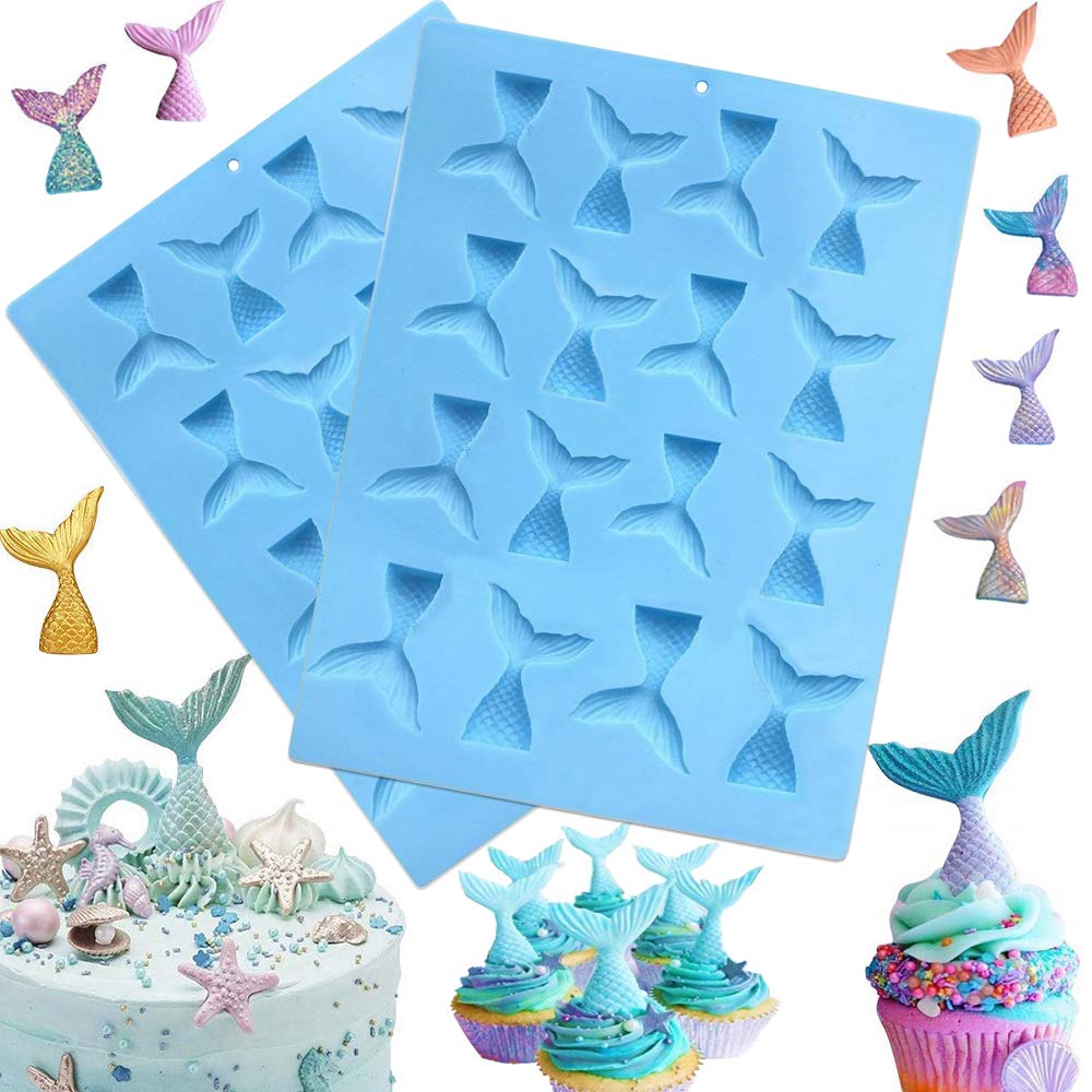 （Set of 2） 16 Cavity Gummy Mermaid Tail Silicone Fondant Mold for Cake Decoration Make Fishing Lures Chocolate Mold Soap Mold Candy Mold Baking Tool Jello Mold Cupcake Topper Ice Tray(Blue)