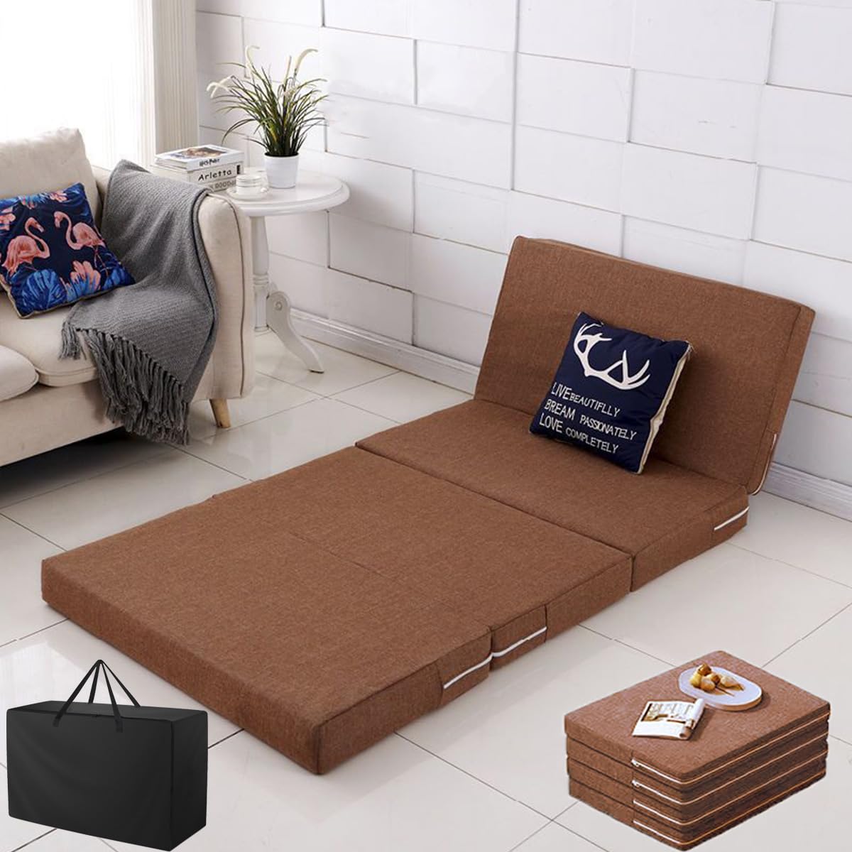 Dsocool Folding Mattress 8cm Thick Medical Foam Mattress Portable Topper 4-Folding Guest Mat with Breathable & Washable Cover and Storage Bag for Floor Camping Playroom Nap, 200 × 90 × 8cm (Brown)