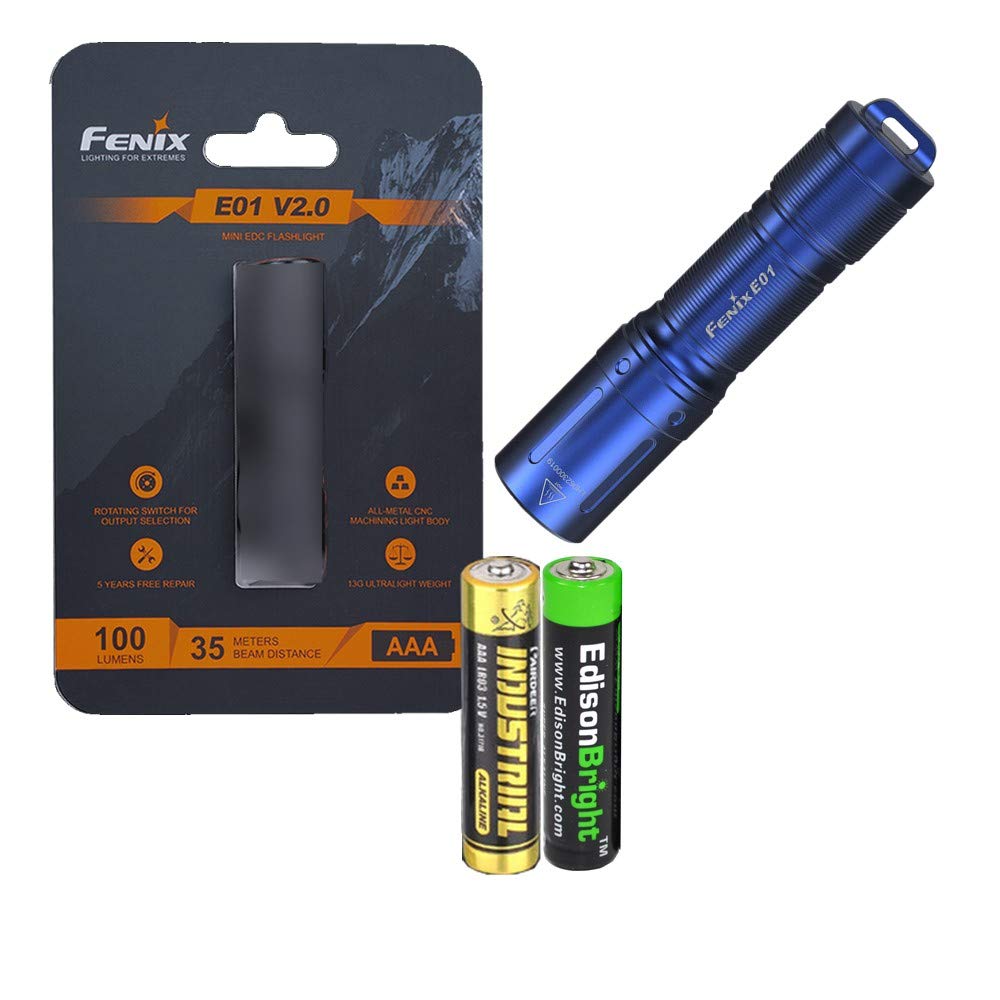 FenixE01 V2 100 Lumen LED flashlight with EdisonBright AAA alkaline battery bundle (Blue)